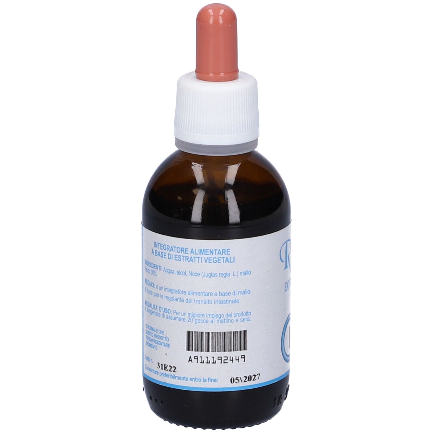 Retro del flacone di vetro marrone con etichetta. Contiene informazioni sugli ingredienti e l'uso.