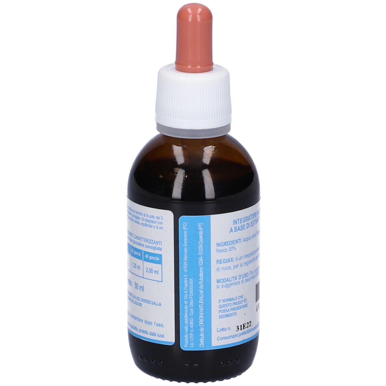 Flacone di vetro marrone con tappo bianco e pipetta rosa. Etichetta con informazioni su ingredienti e dosaggio.