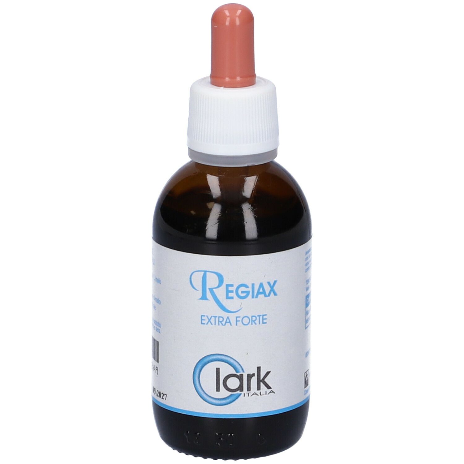 Flacone di vetro marrone con tappo bianco e pipetta rosa. Etichetta con informazioni sul prodotto e logo.