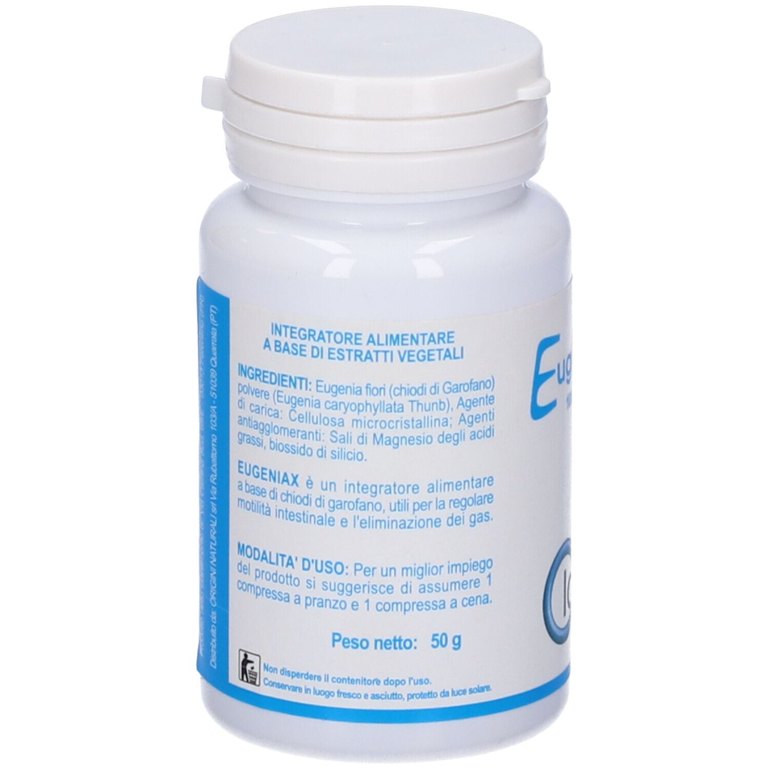 Retro del flacone bianco. Testo: Ingredienti, Eugeniax, Modo d'uso, Peso netto 50 g.