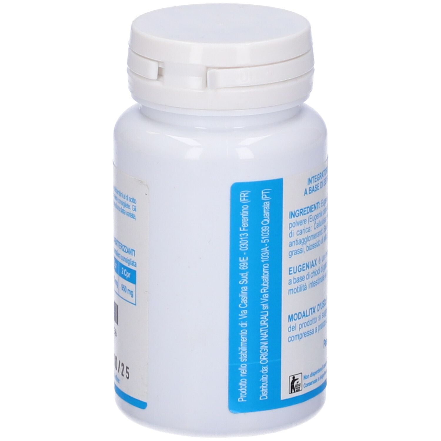 Retro del flacone bianco. Testo: Ingredienti, Eugeniax, Modo d'uso, Peso netto 50 g.