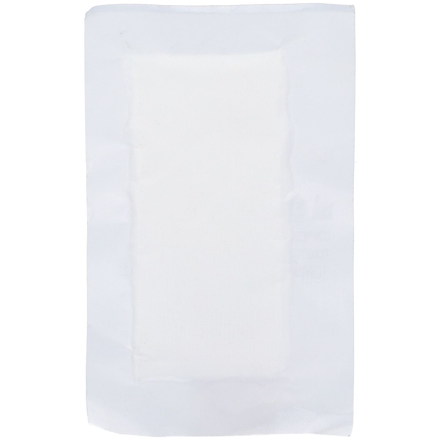 Compressa sterile aperta, rettangolare, bianca. Struttura del materiale chiaramente visibile.