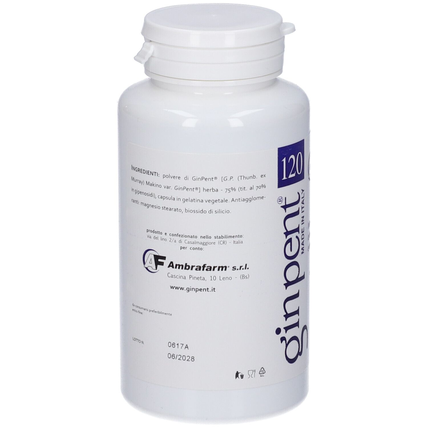 Flacone bianco con 120 capsule. Retro con elenco ingredienti e informazioni produttore. Prodotto in Italia.