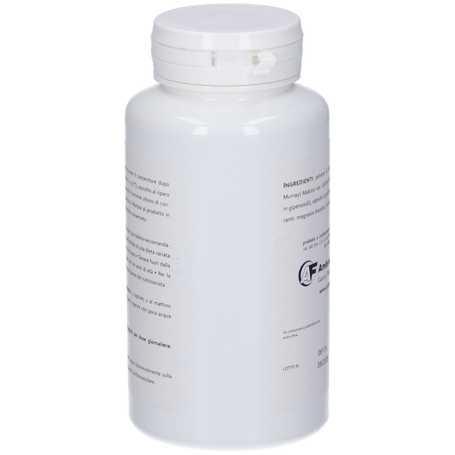 Flacone bianco con 120 capsule. Retro con testo. Informazioni produttore e numero di lotto.