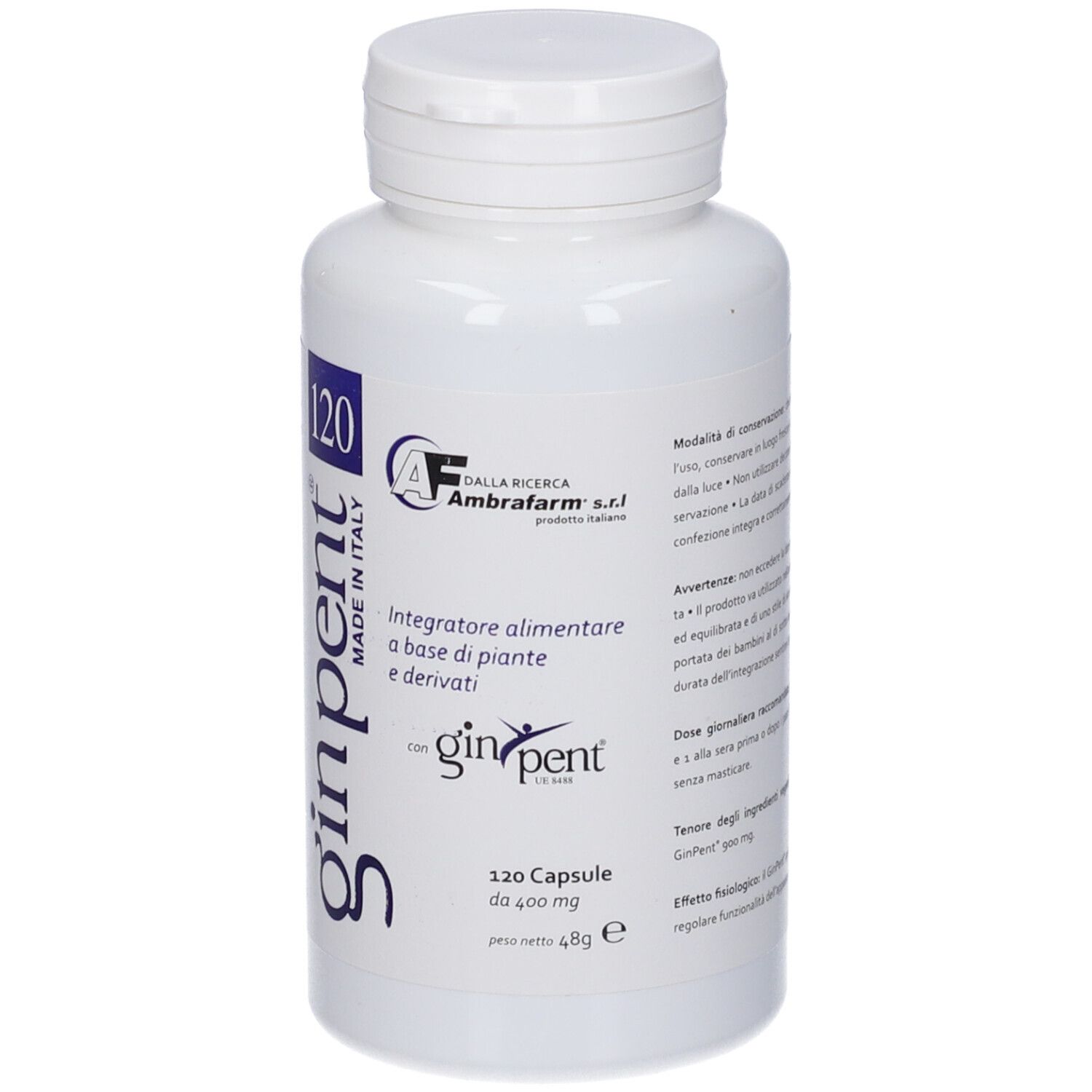 Flacone bianco con 120 capsule. Etichette blu con testo Ginpent, logo e testo. Prodotto in Italia.