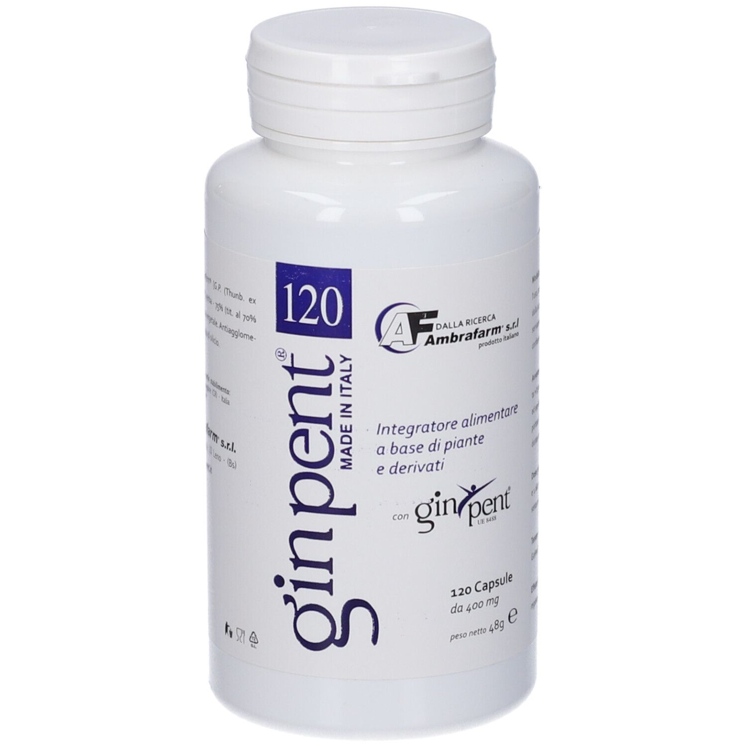 Flacone bianco con 120 capsule. Etichette blu con testo Ginpent, logo e testo. Prodotto in Italia.