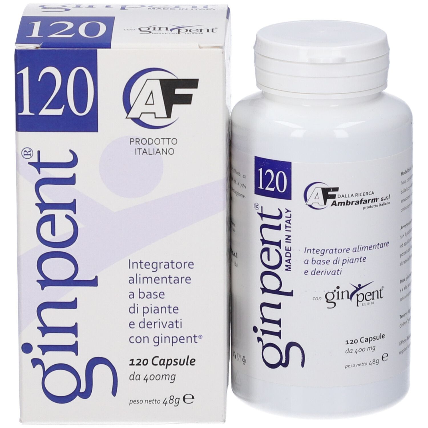 Confezione del prodotto con flacone e scatola. Flacone con 120 capsule. Scatola con testo e logo.