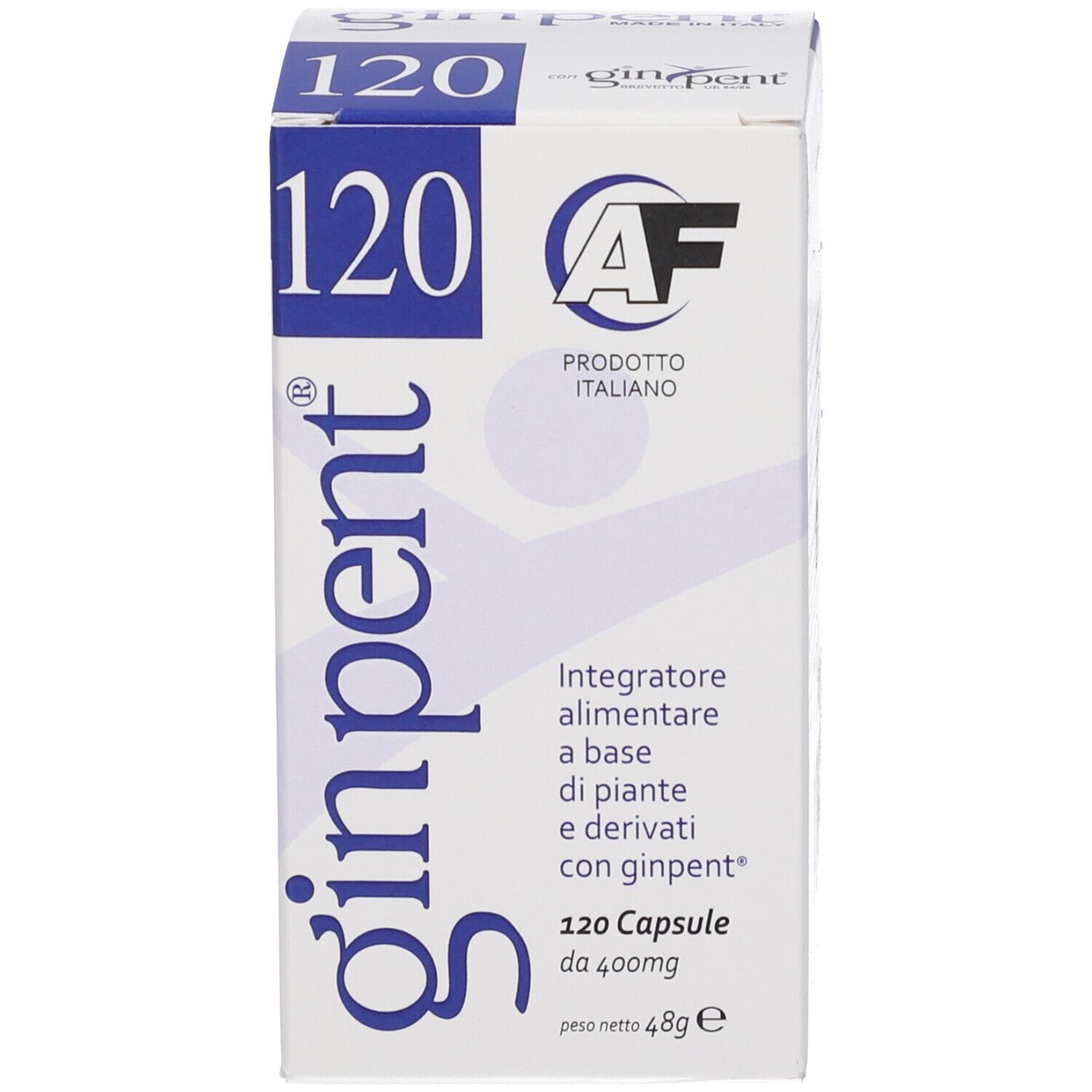 Confezione del prodotto. Scatola bianca con testo e logo blu. Contiene 120 capsule.