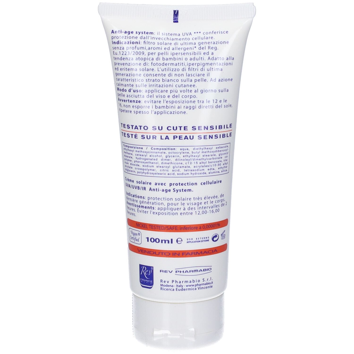 Retro del tubo bianco. Testo in italiano e francese. Contiene informazioni sull'uso.