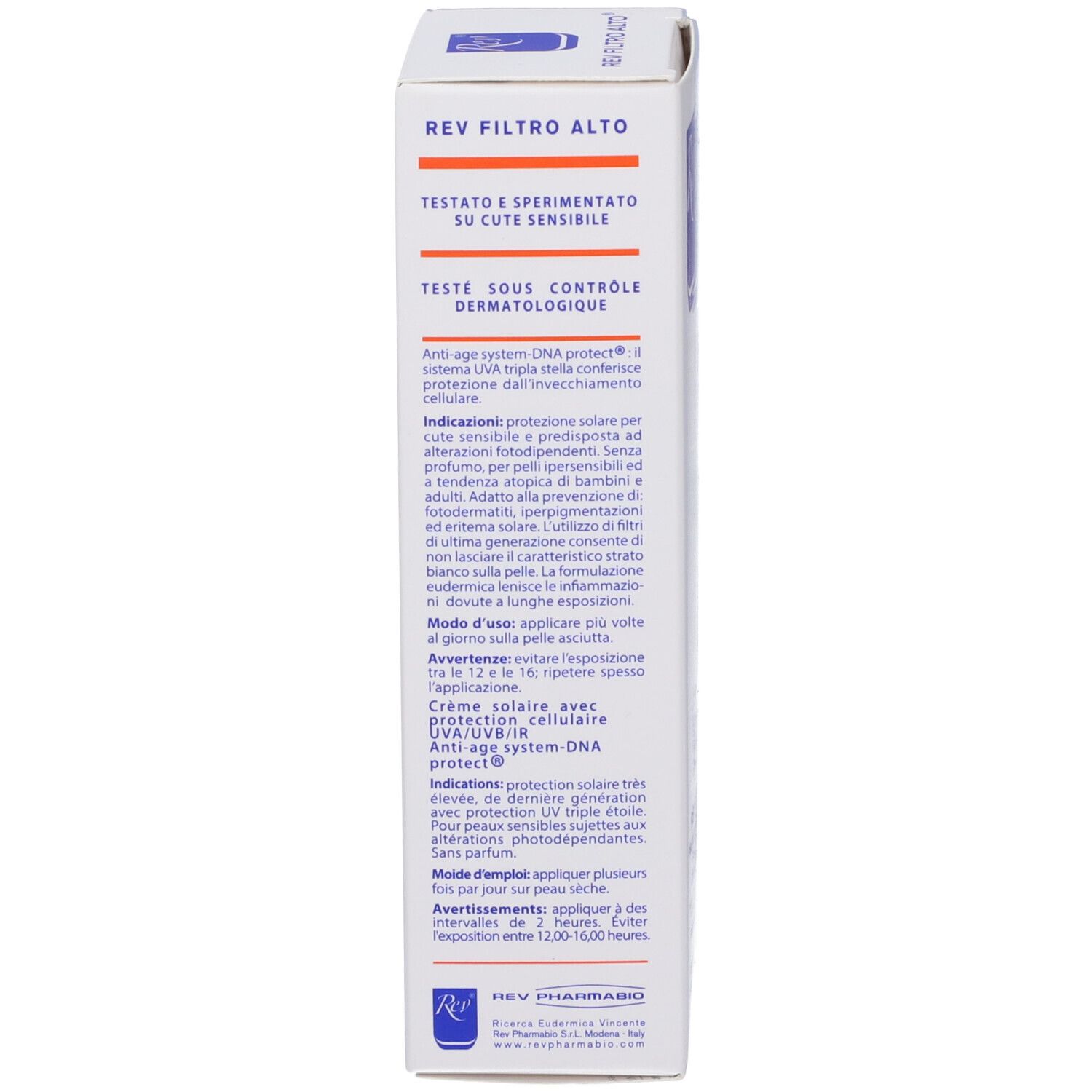 Retro della confezione. Testo in italiano e francese. Contiene informazioni sull'uso.