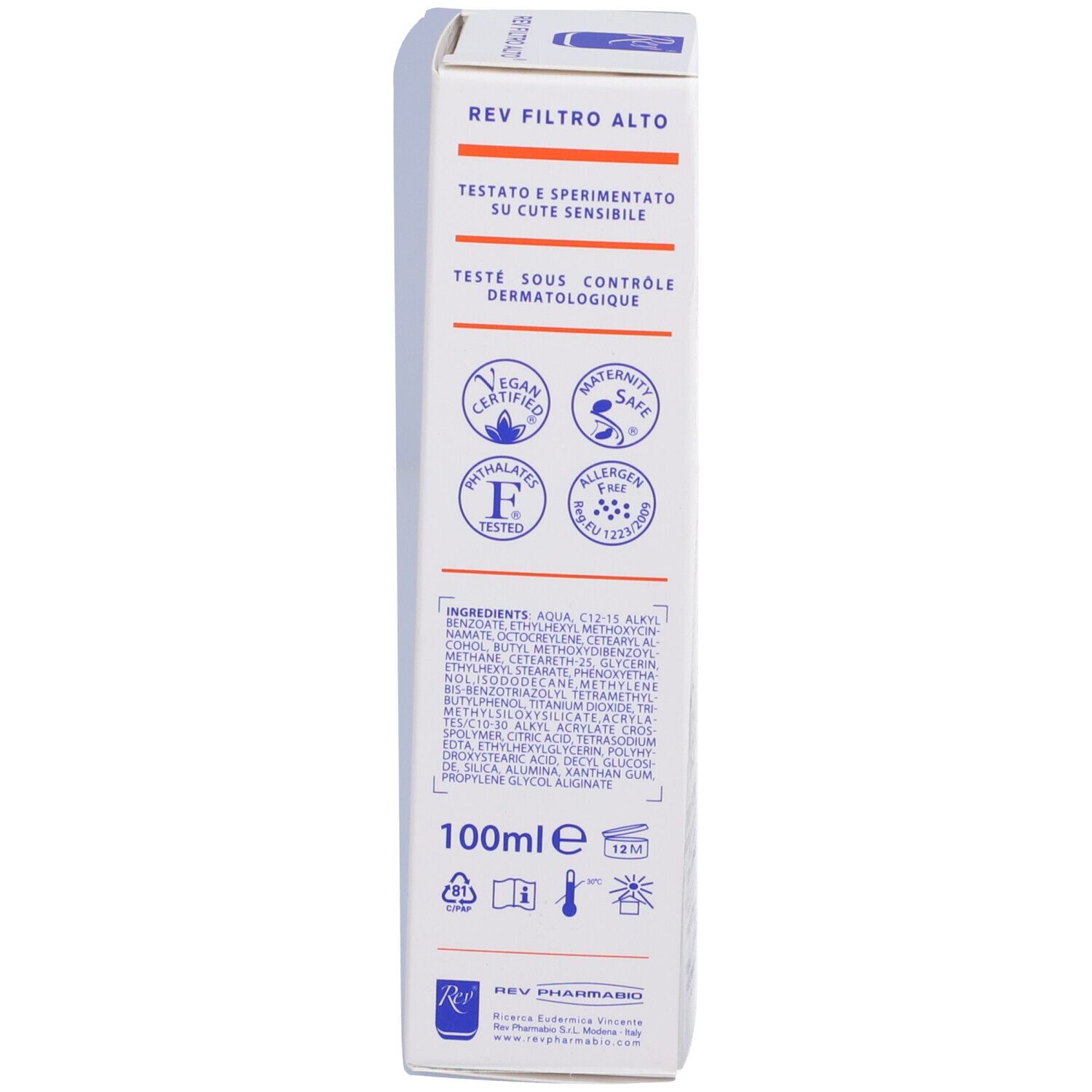 Lato della confezione. Contiene informazioni sugli ingredienti e le certificazioni.