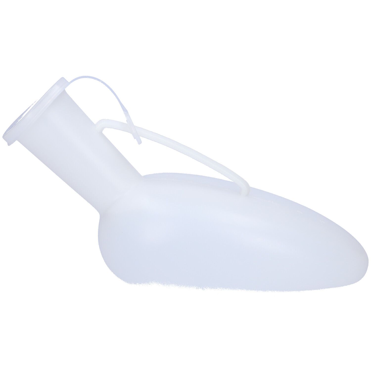 Urinale bianco in polietilene con tappo e maniglia.