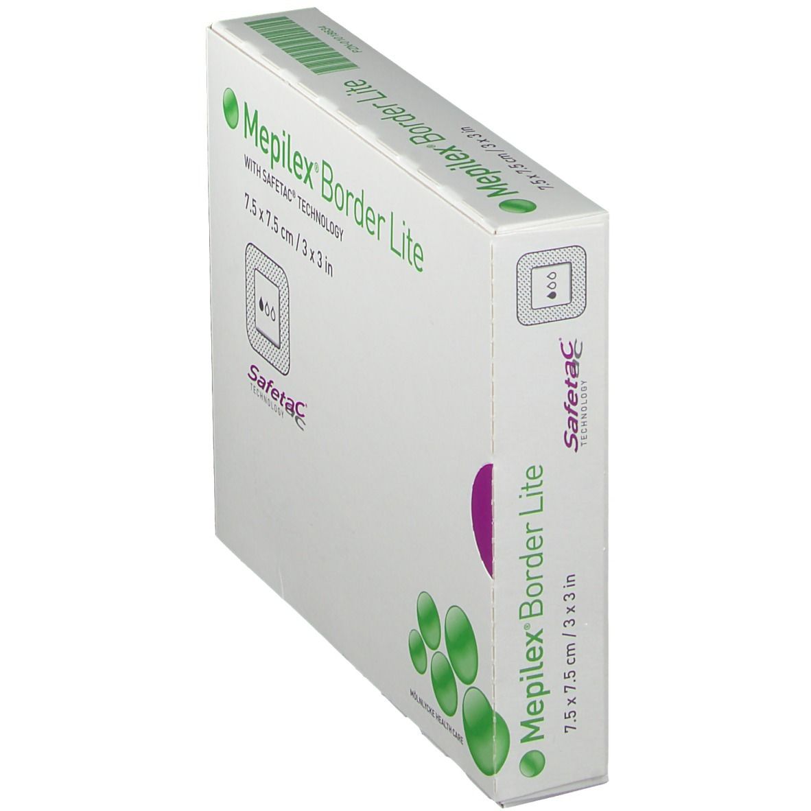 Vista laterale della confezione Mepilex® Border Lite. Scatola bianca con nome, dimensioni e tecnologia Safetac®.