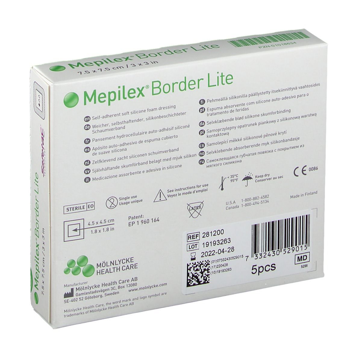 Retro della confezione Mepilex® Border Lite. Contiene informazioni come ingredienti, numero di lotto e produttore.