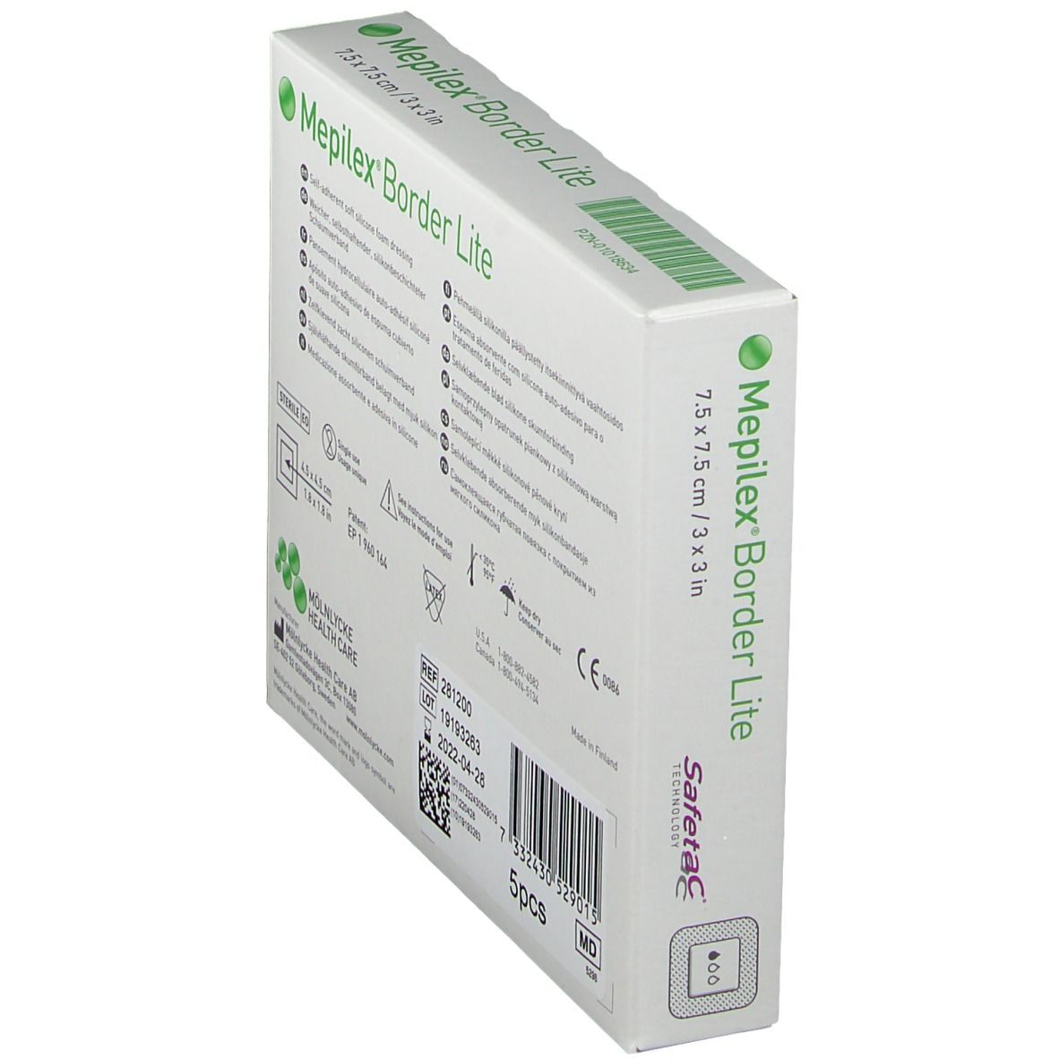 Vista laterale della confezione Mepilex® Border Lite. Scatola bianca con nome, dimensioni e tecnologia Safetac®.