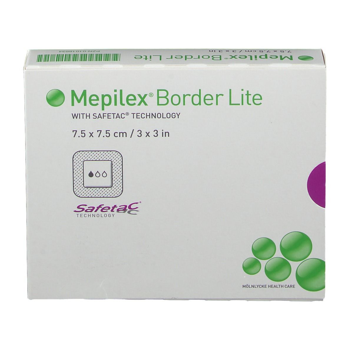 Confezione di Mepilex® Border Lite. Scatola bianca con nome del prodotto, dimensioni e tecnologia Safetac®.