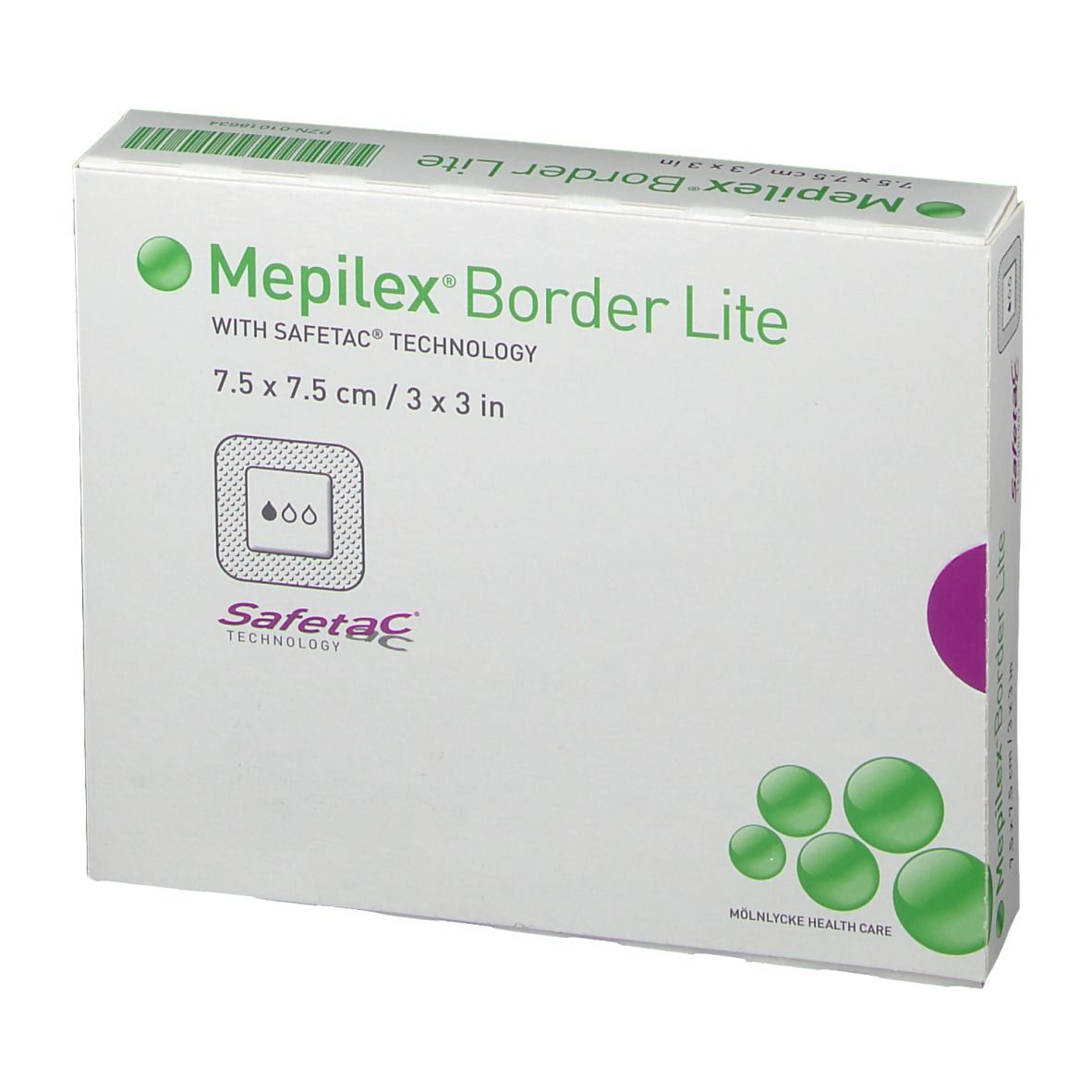 Confezione di Mepilex® Border Lite. Scatola bianca con nome del prodotto, dimensioni e tecnologia Safetac®.