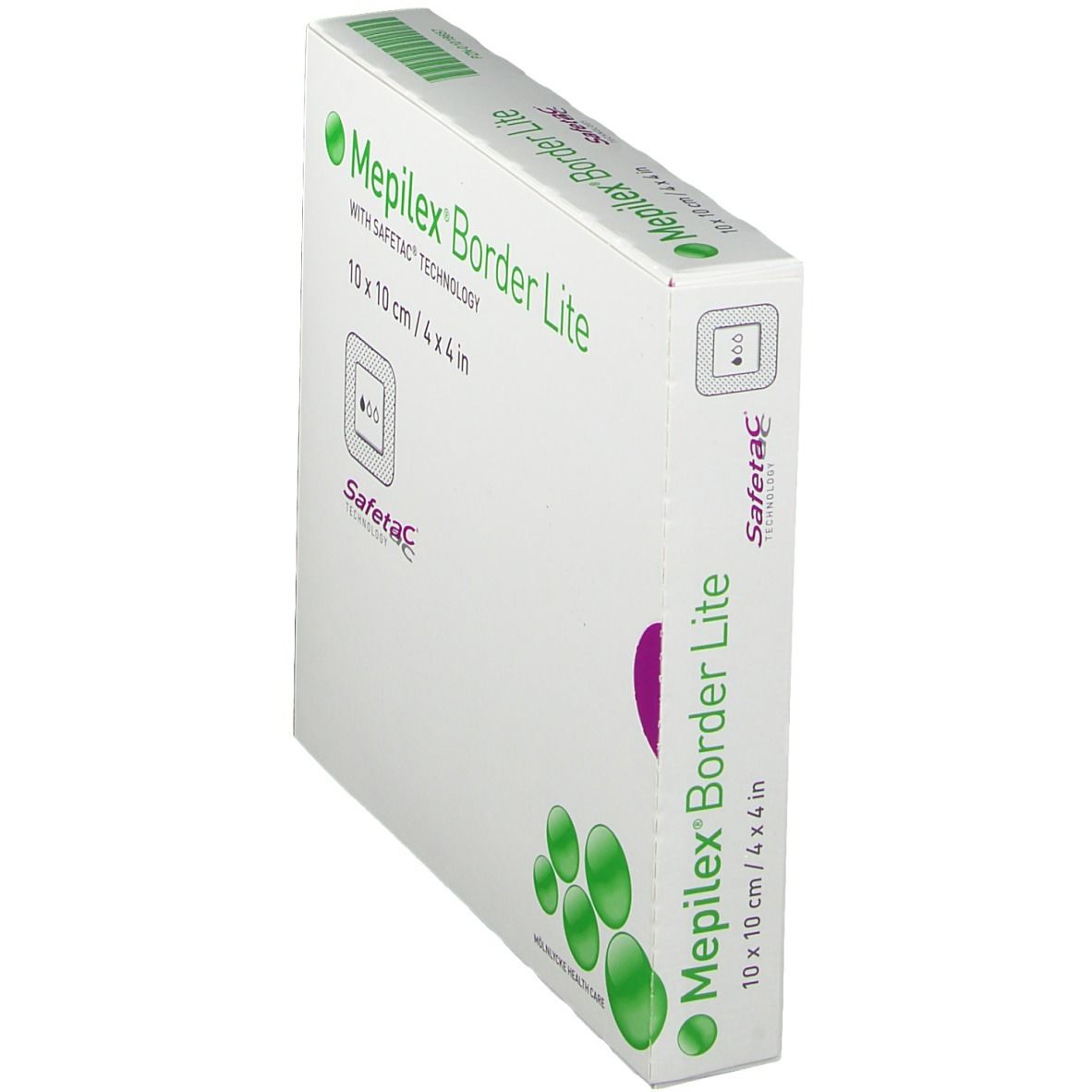 Vista obliqua della confezione di Mepilex® Border Lite. Scritta Safetac® Technology, cerchi verdi.