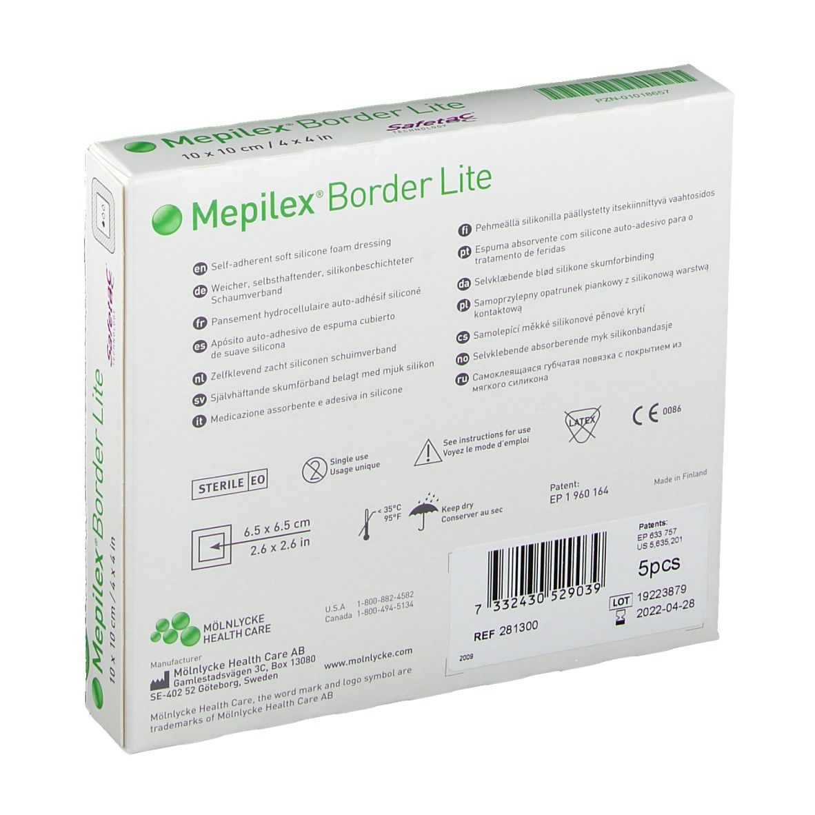 Retro della confezione di Mepilex® Border Lite. Testo multilingue, logo sterile, 5 pezzi.