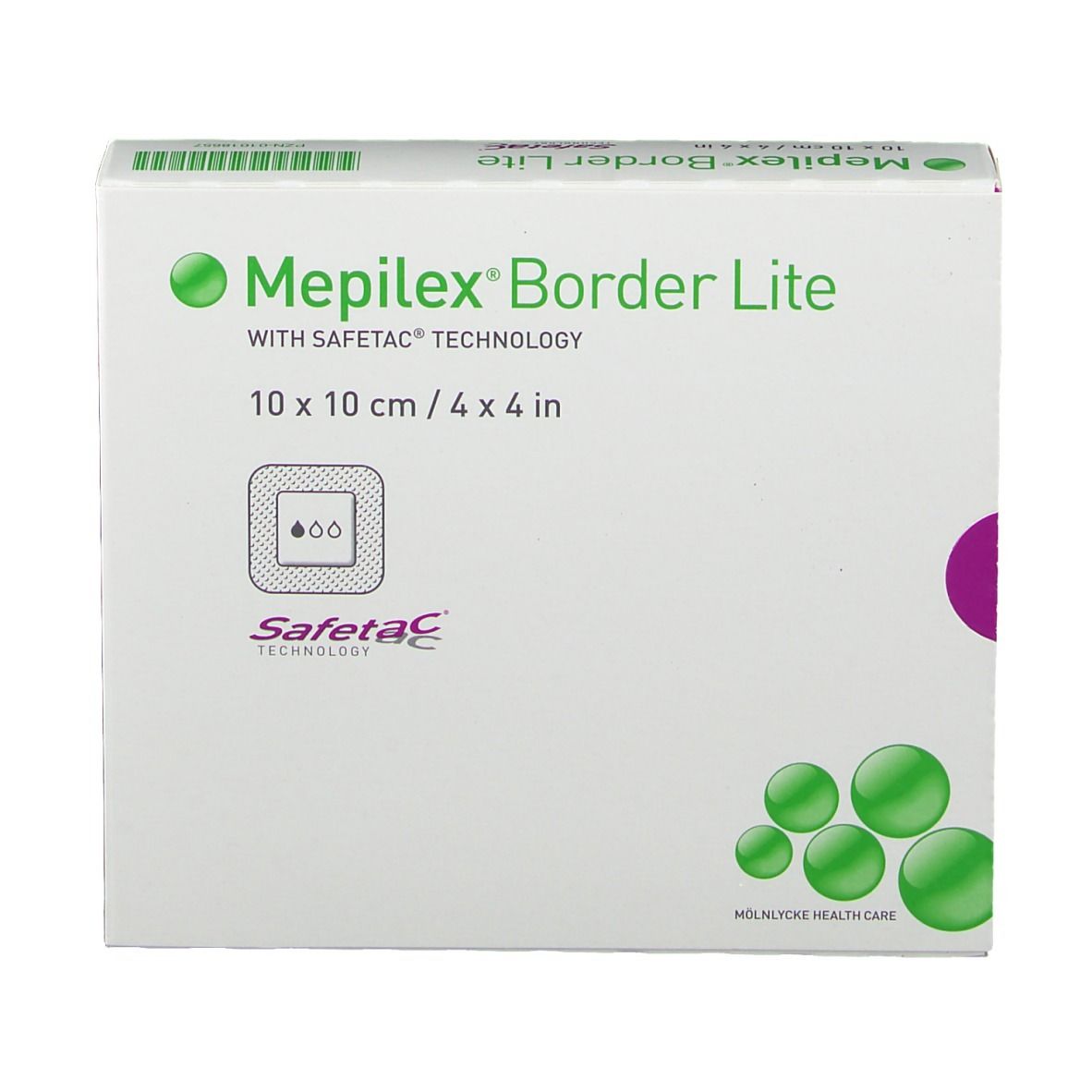 Confezione di Mepilex® Border Lite, 10 x 10 cm. Scritta Safetac® Technology, cerchi verdi.