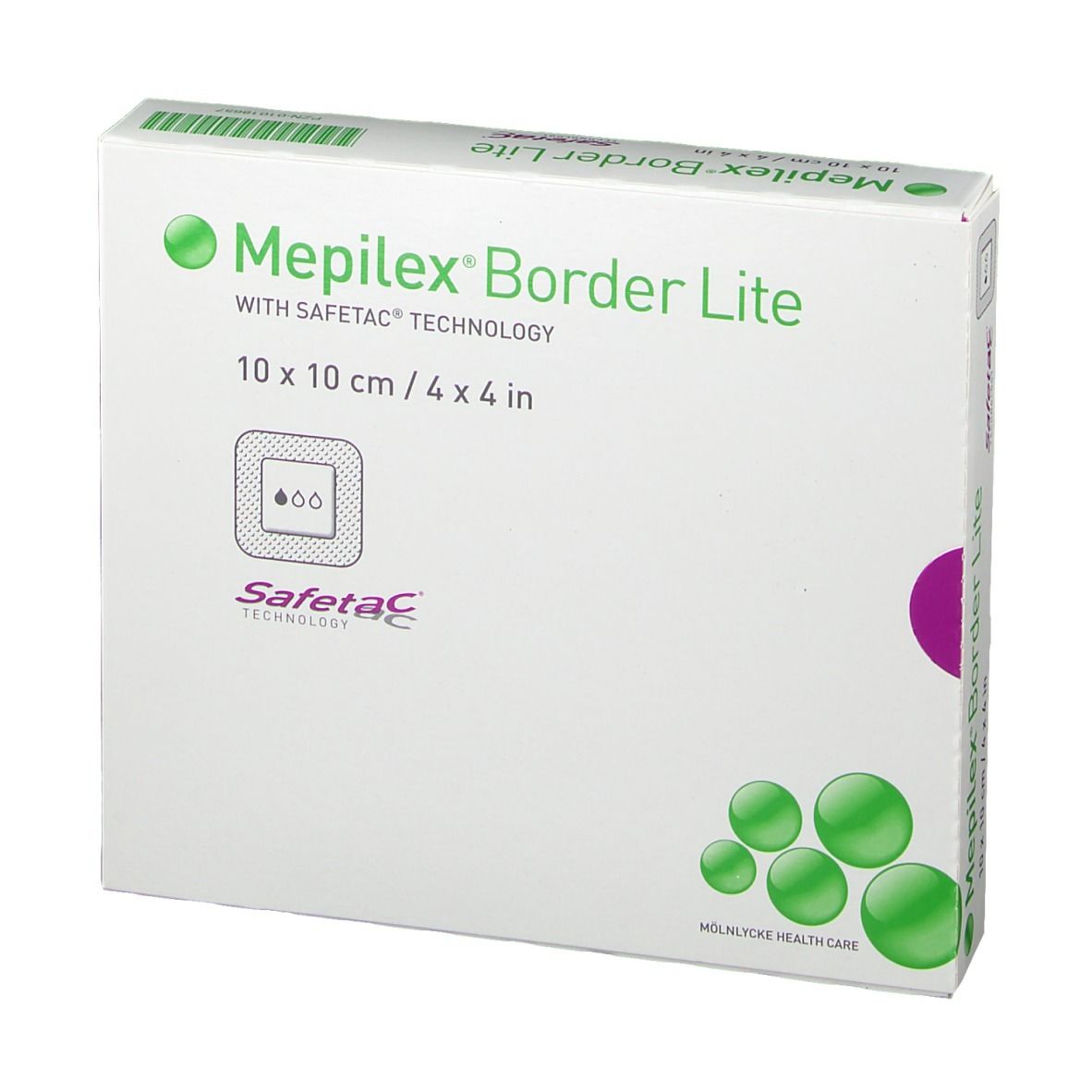 Confezione di Mepilex® Border Lite, 10 x 10 cm. Scritta Safetac® Technology, cerchi verdi.
