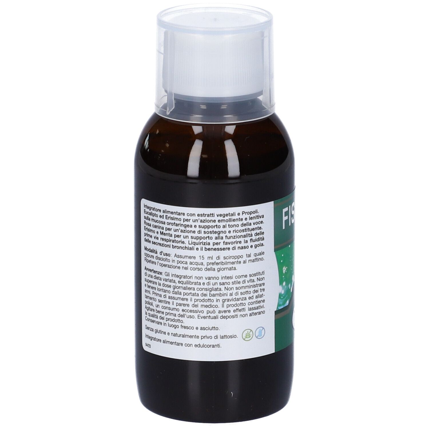 Vista posteriore del flacone marrone. Testo sull'etichetta. Ingredienti, istruzioni per l'uso e avvertenze.