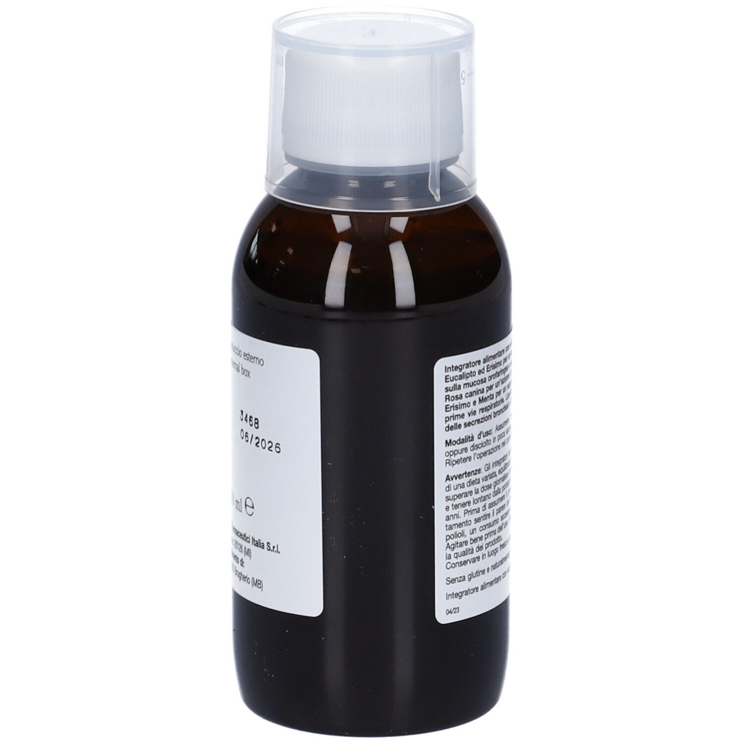 Flacone marrone con tappo bianco. Etichetta con testo e data di scadenza. 150 ml.