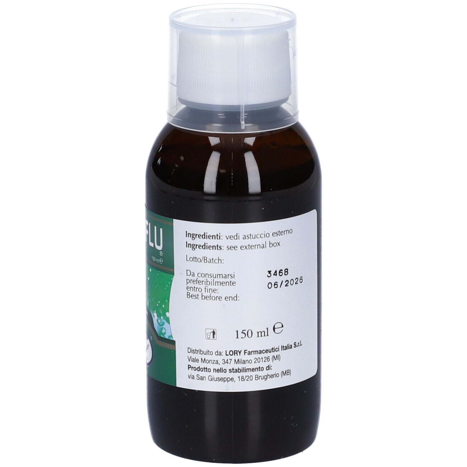 Flacone marrone con tappo bianco. Etichetta con testo e data di scadenza. 150 ml.