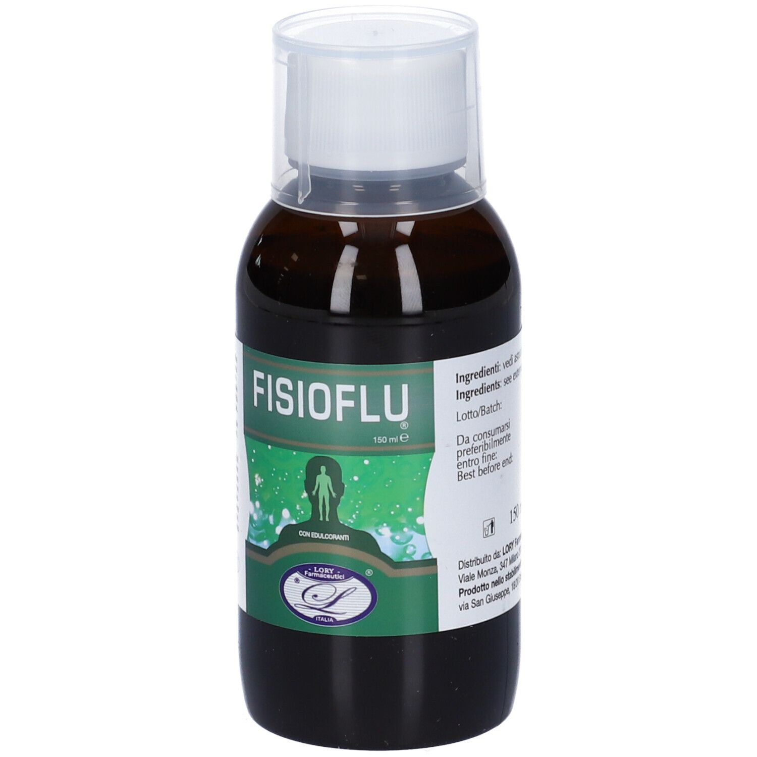 Flacone marrone con tappo bianco. Etichetta con nome FISIOFLU e logo. 150 ml.