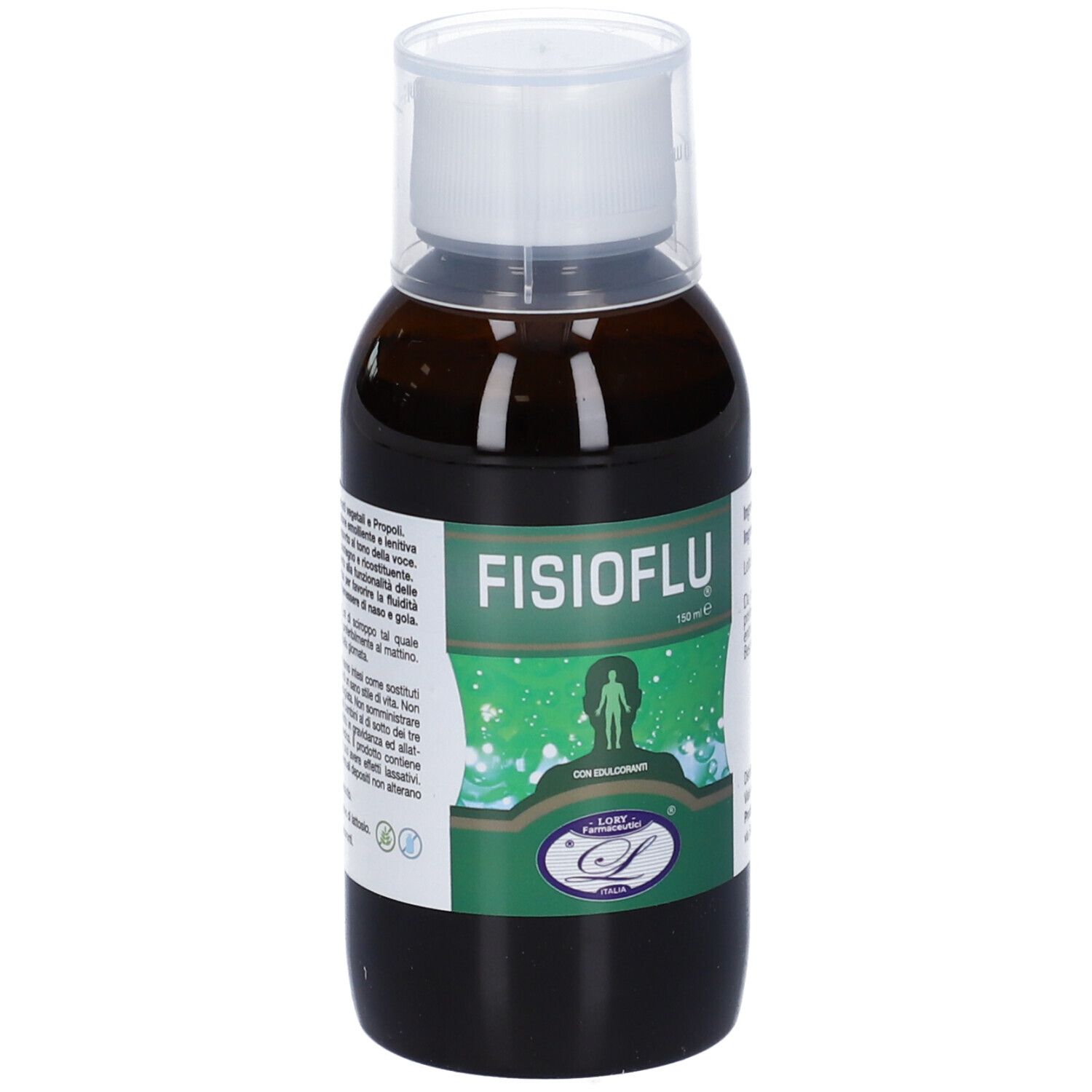 Flacone marrone con tappo bianco. Etichetta con nome FISIOFLU e logo. 150 ml.