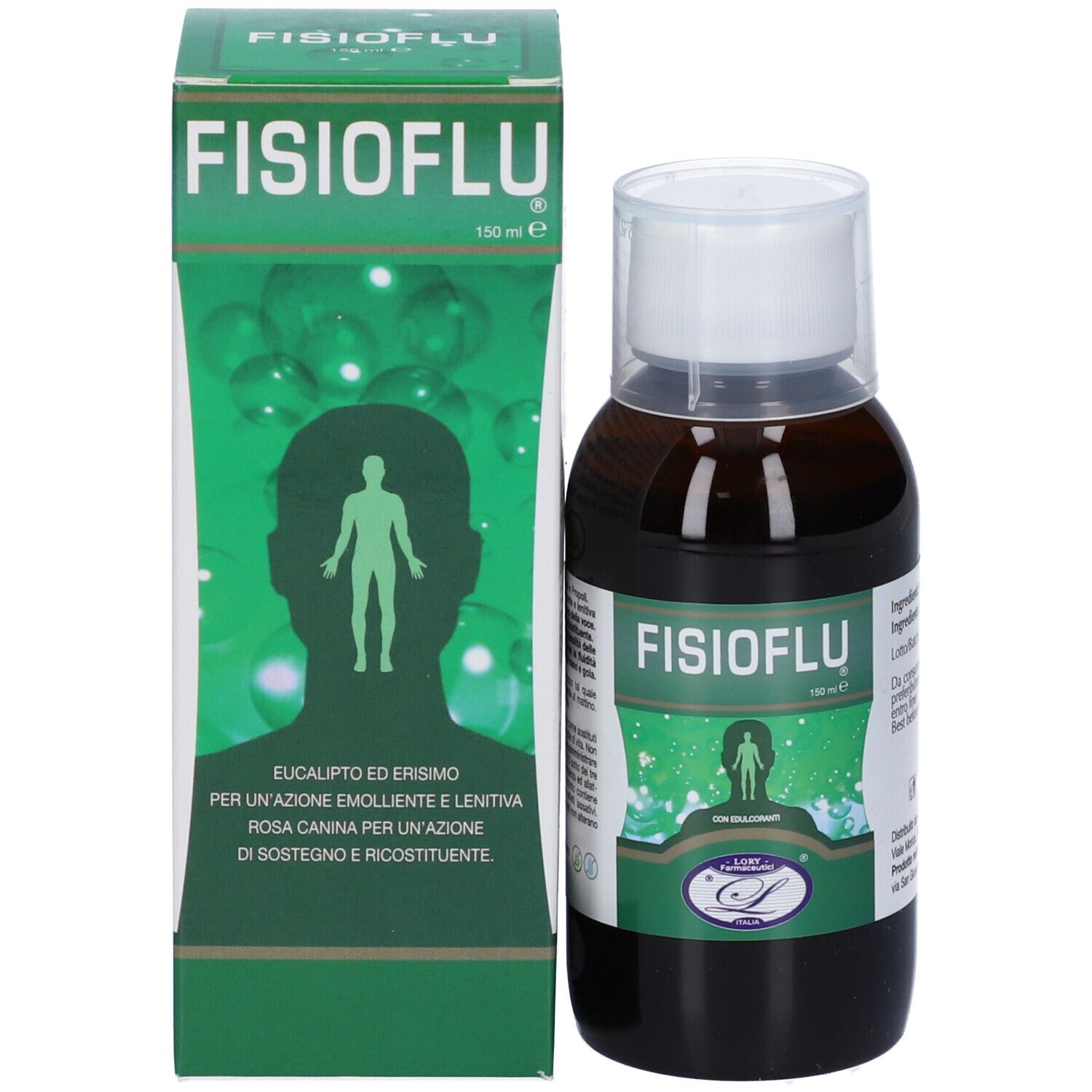 Flacone e confezione. Flacone marrone con tappo bianco accanto a una scatola verde. Nome del prodotto FISIOFLU.
