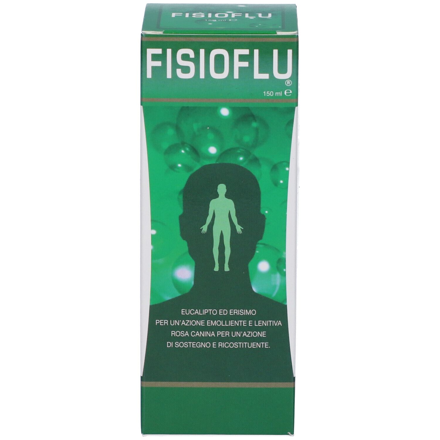 Confezione verde con nome del prodotto FISIOFLU. 150 ml. Testo su ingredienti e utilizzo.