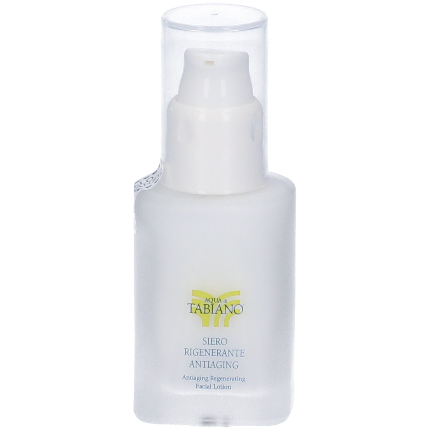 Flacone bianco con dosatore a pompa. Scritta: Aqua di Tabiano, Siero Rigenerante Antiaging.
