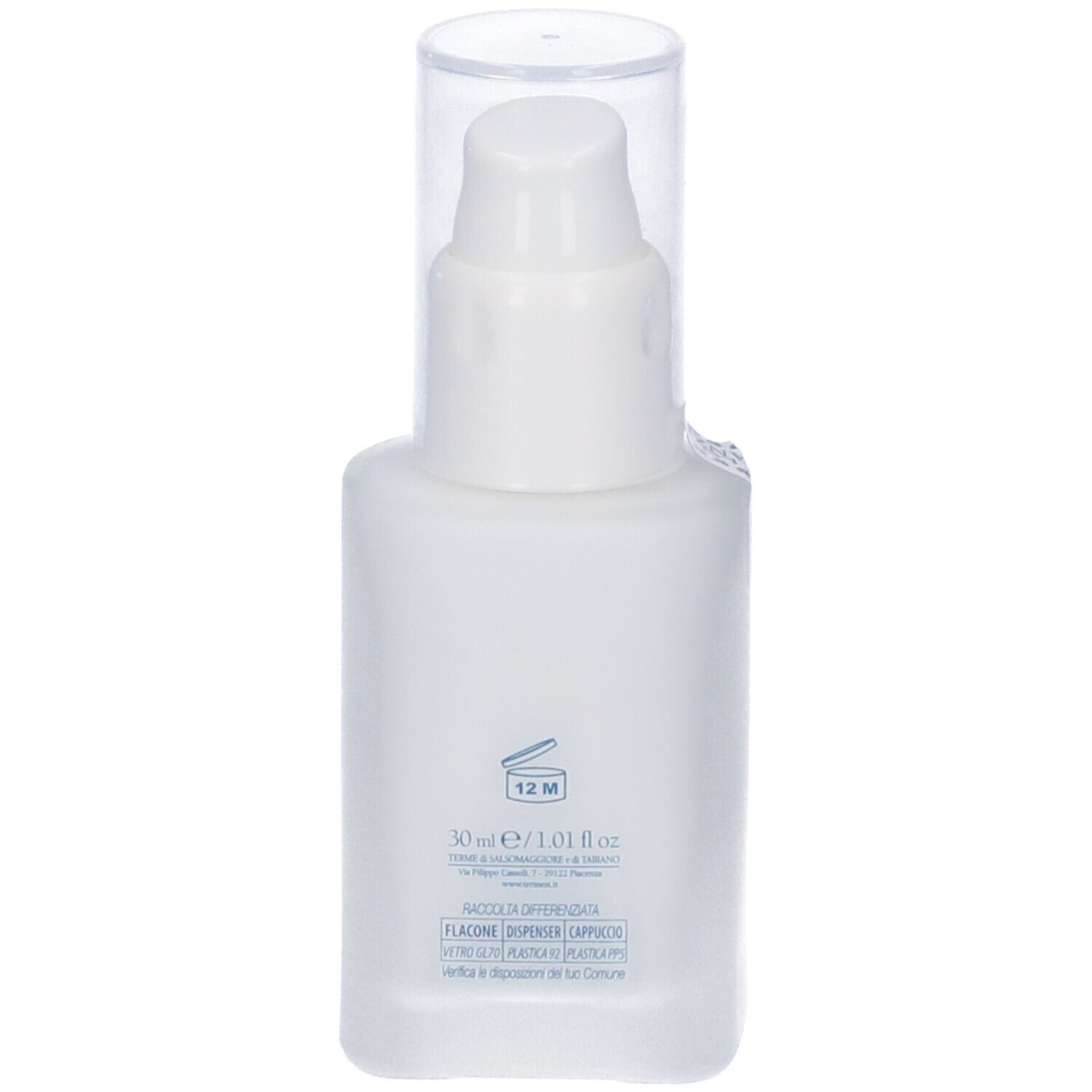 Flacone bianco con dosatore a pompa. Scritta: 50 ml / 1.01 fl oz. 12 M.