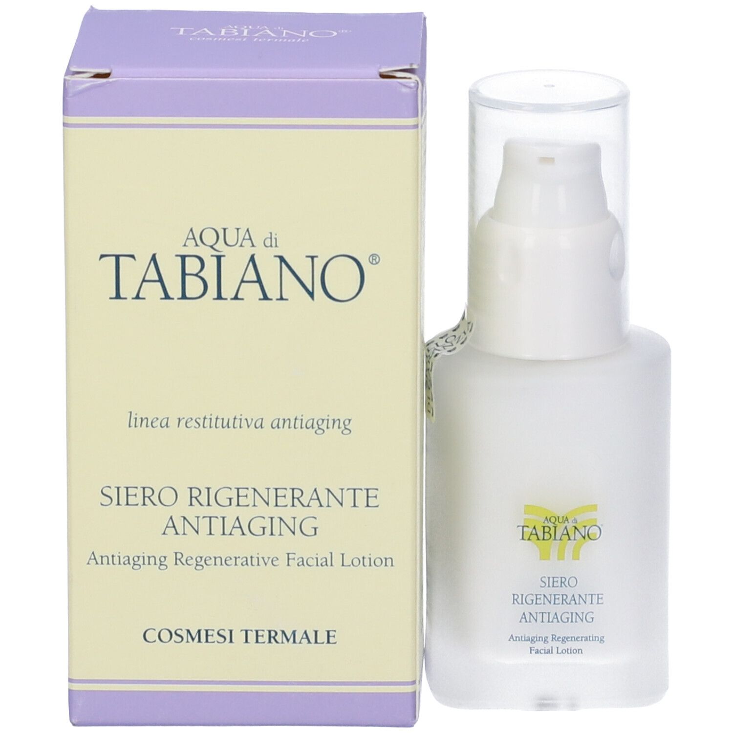 Flacone e scatola. Sulla scatola: Aqua di Tabiano, Siero Rigenerante Antiaging.