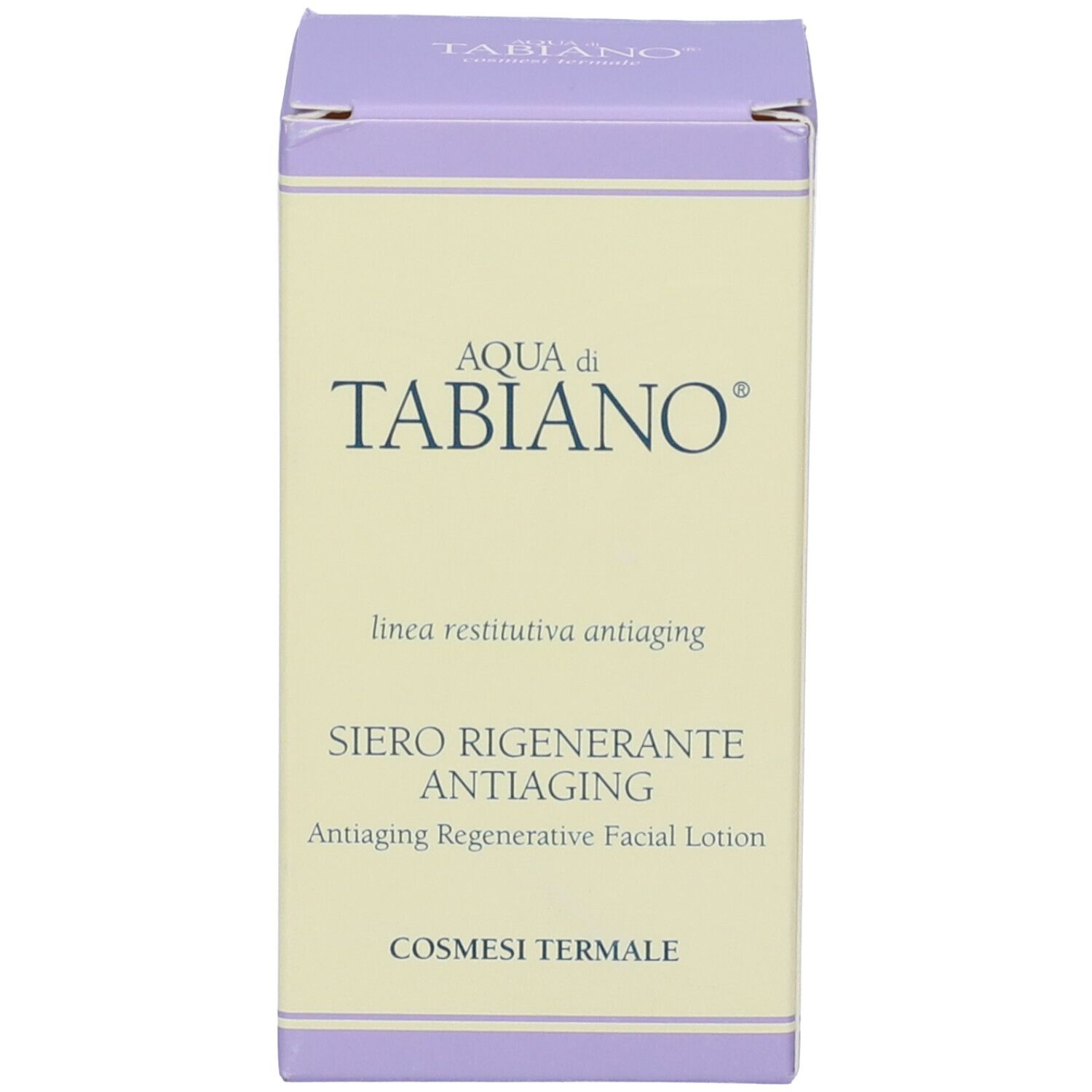 Scatola con scritta: Aqua di Tabiano, Siero Rigenerante Antiaging, Cosmesi Termale.