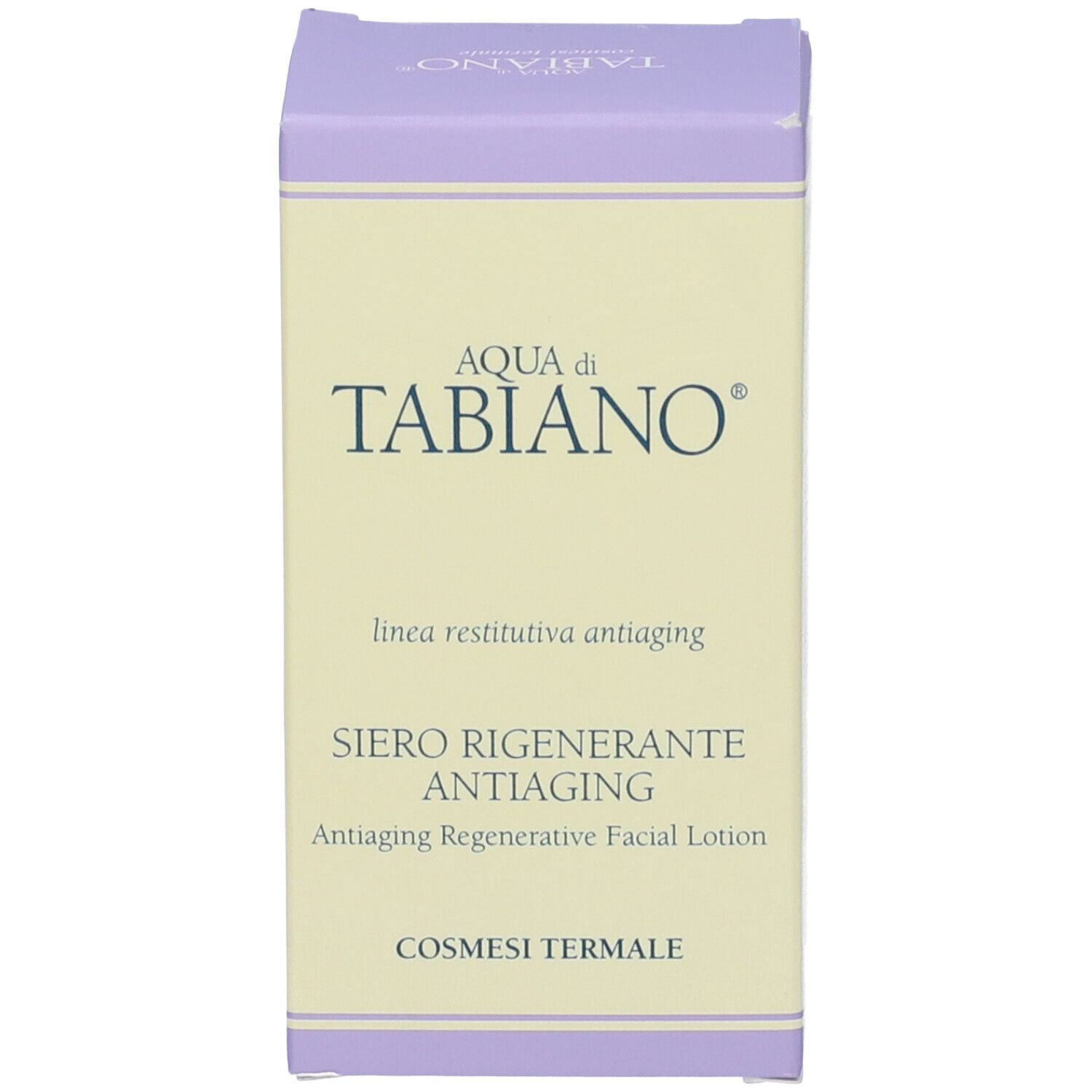Scatola con scritta: Aqua di Tabiano, Siero Rigenerante Antiaging, Cosmesi Termale.