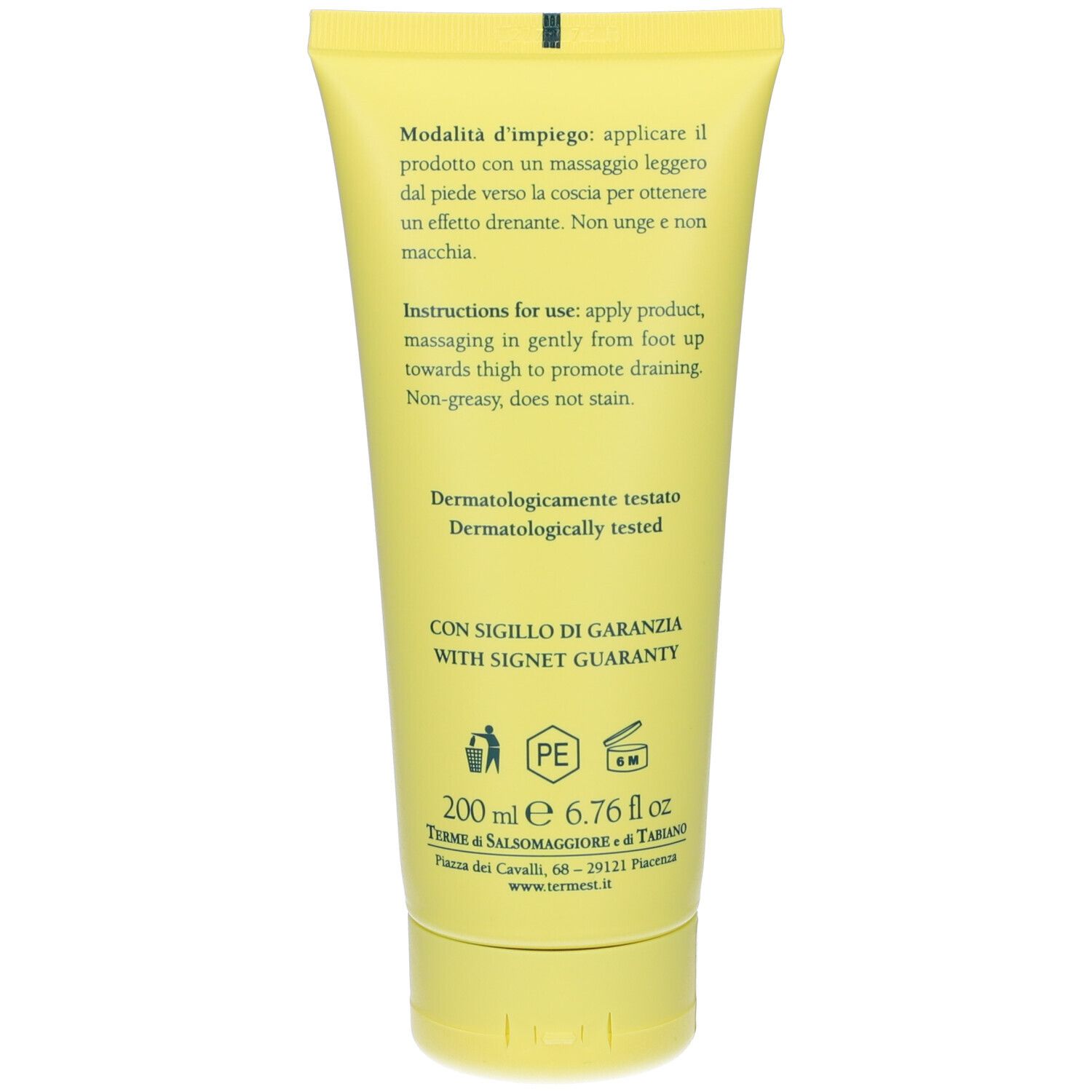 Retro di un tubo di gel giallo. Testo in italiano e inglese. Dermatologicamente testato. Con sigillo di garanzia.