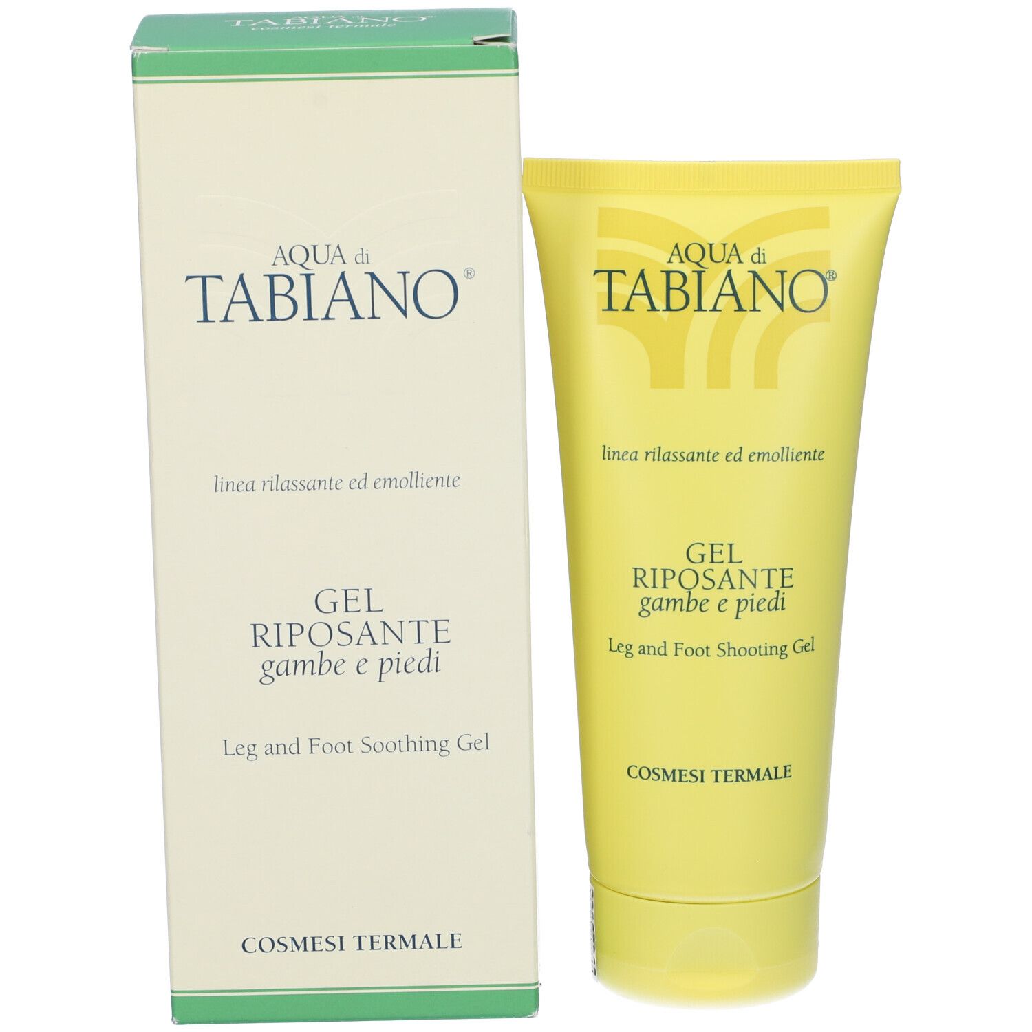 Confezione del prodotto con tubo di gel. Scatola e tubo in giallo e bianco. Scritte "Aqua di Tabiano" e "Gel Riposante Gambe e Piedi".
