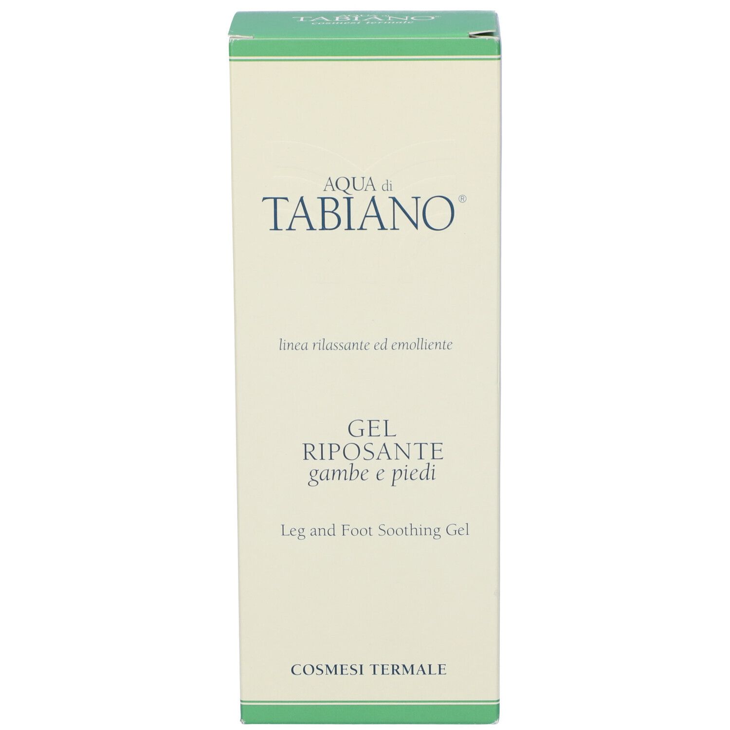 Confezione del prodotto, bianca con accenti verdi. Scritte "Aqua di Tabiano" e "Gel Riposante Gambe e Piedi".
