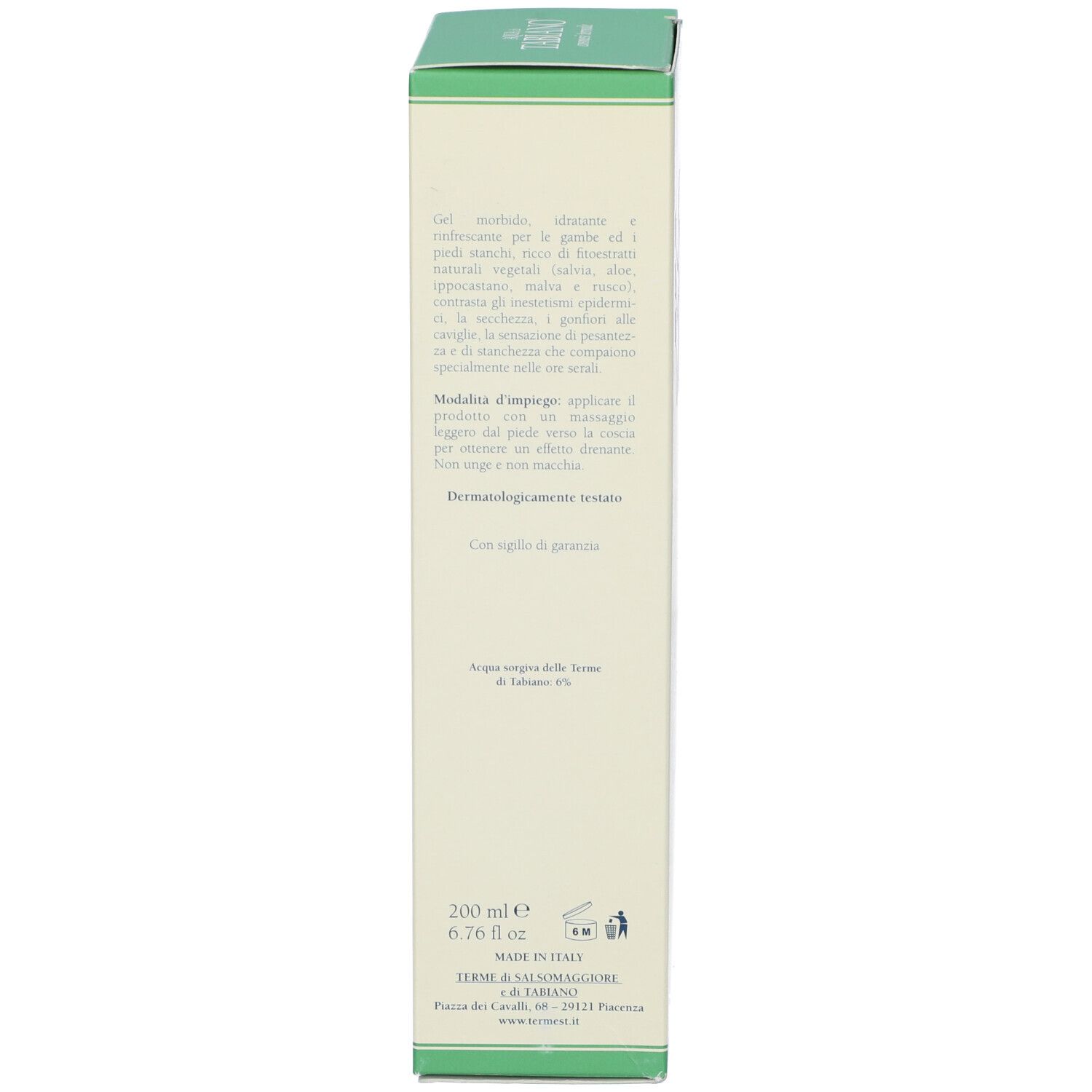 Confezione del prodotto, retro. Testo in italiano e inglese. Dermatologicamente testato. Con sigillo di garanzia.