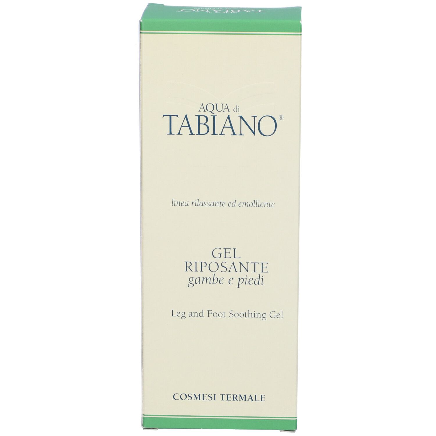 Confezione del prodotto, fronte. Scritte "Aqua di Tabiano" e "Gel Riposante Gambe e Piedi".