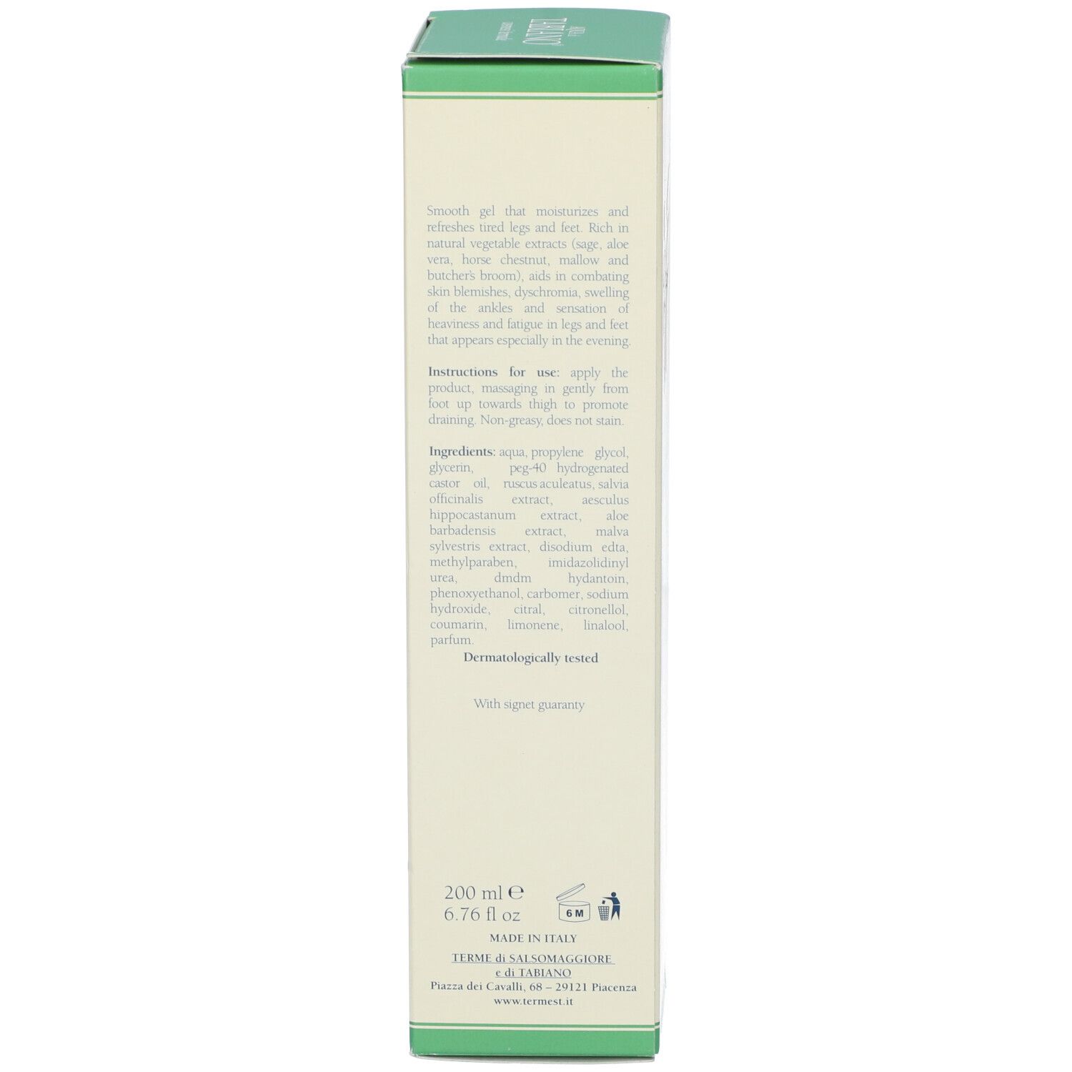 Confezione del prodotto, lato. Testo in italiano e inglese. Ingredienti. Dermatologicamente testato. Con sigillo di garanzia.