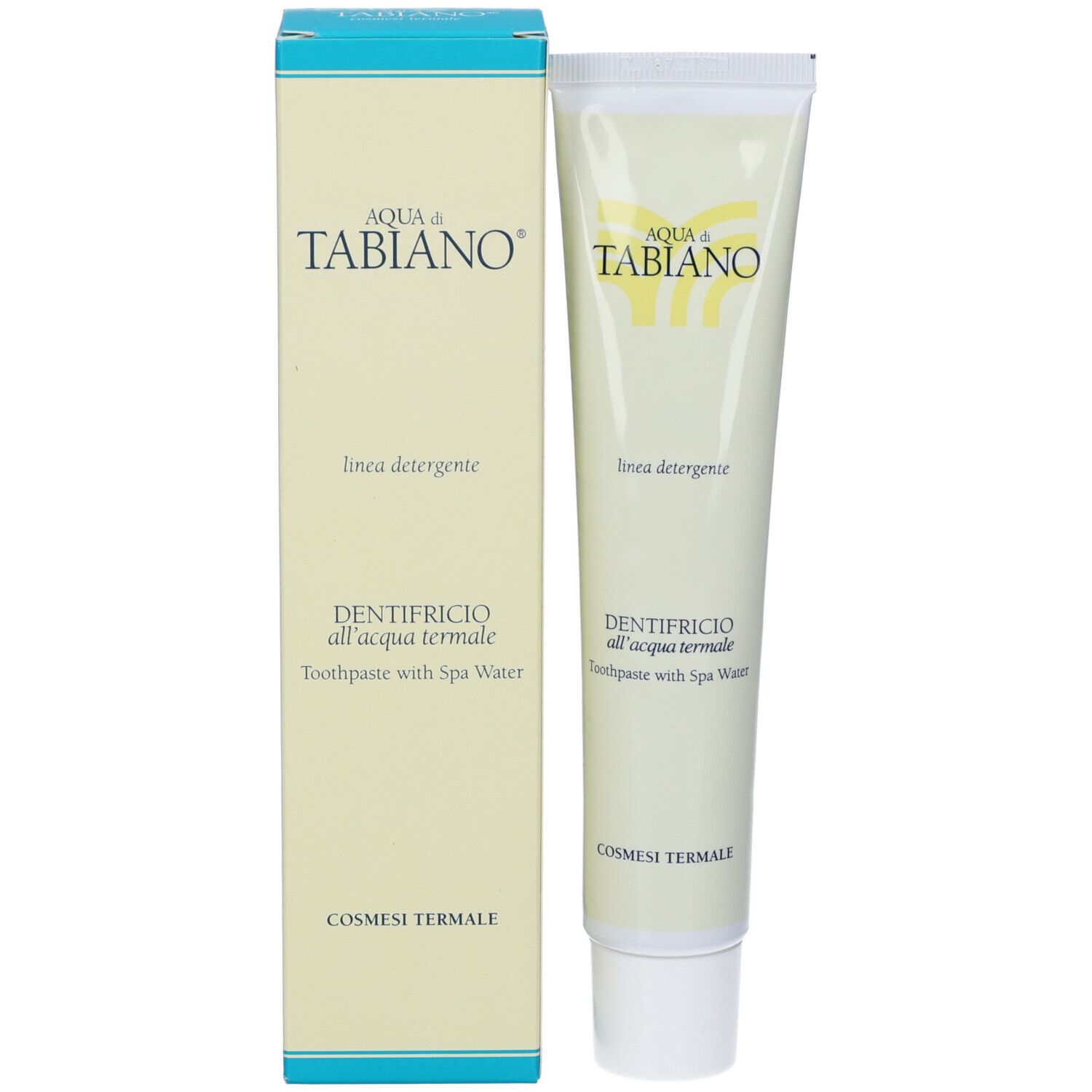 Tubo di dentifricio e scatola. Scritta: AQUA di TABIANO, DENTIFRICIO all'acqua termale, dentifricio con acqua termale.
