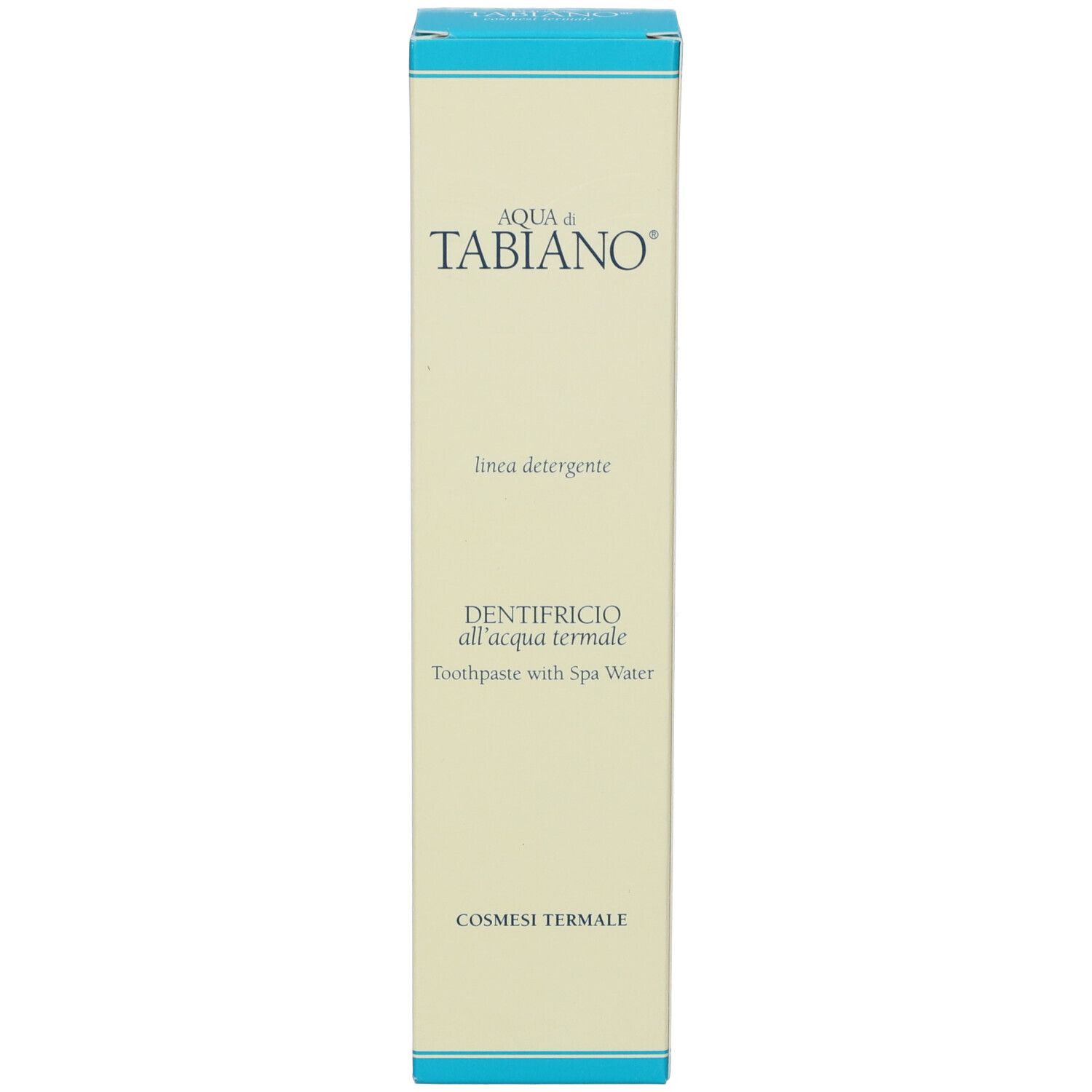 Scatola con dentifricio. Scritta: AQUA di TABIANO, DENTIFRICIO all'acqua termale, dentifricio con acqua termale.