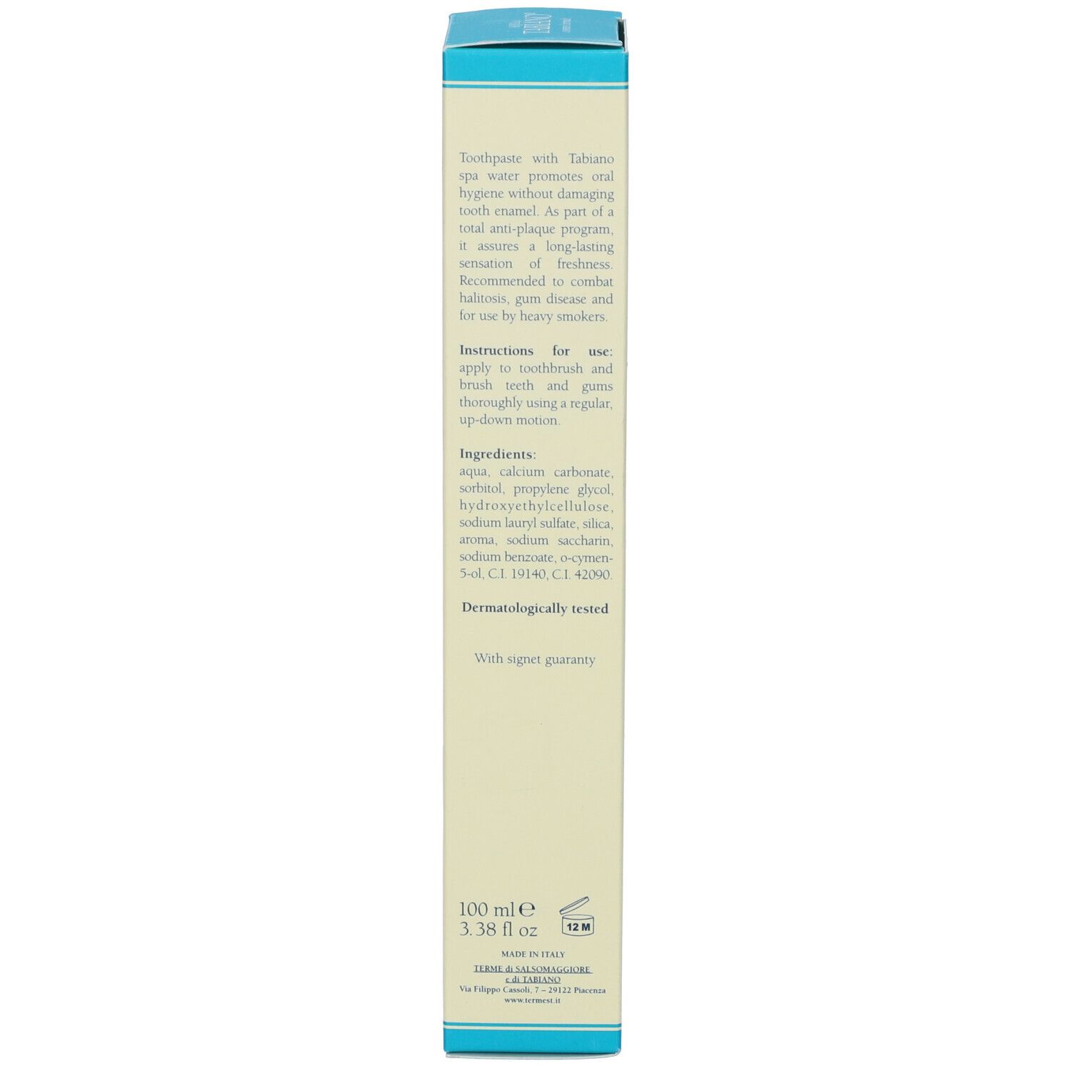 Retro della scatola. Testo: istruzioni per l'uso, ingredienti, 100 ml, dermatologicamente testato, sigillo.