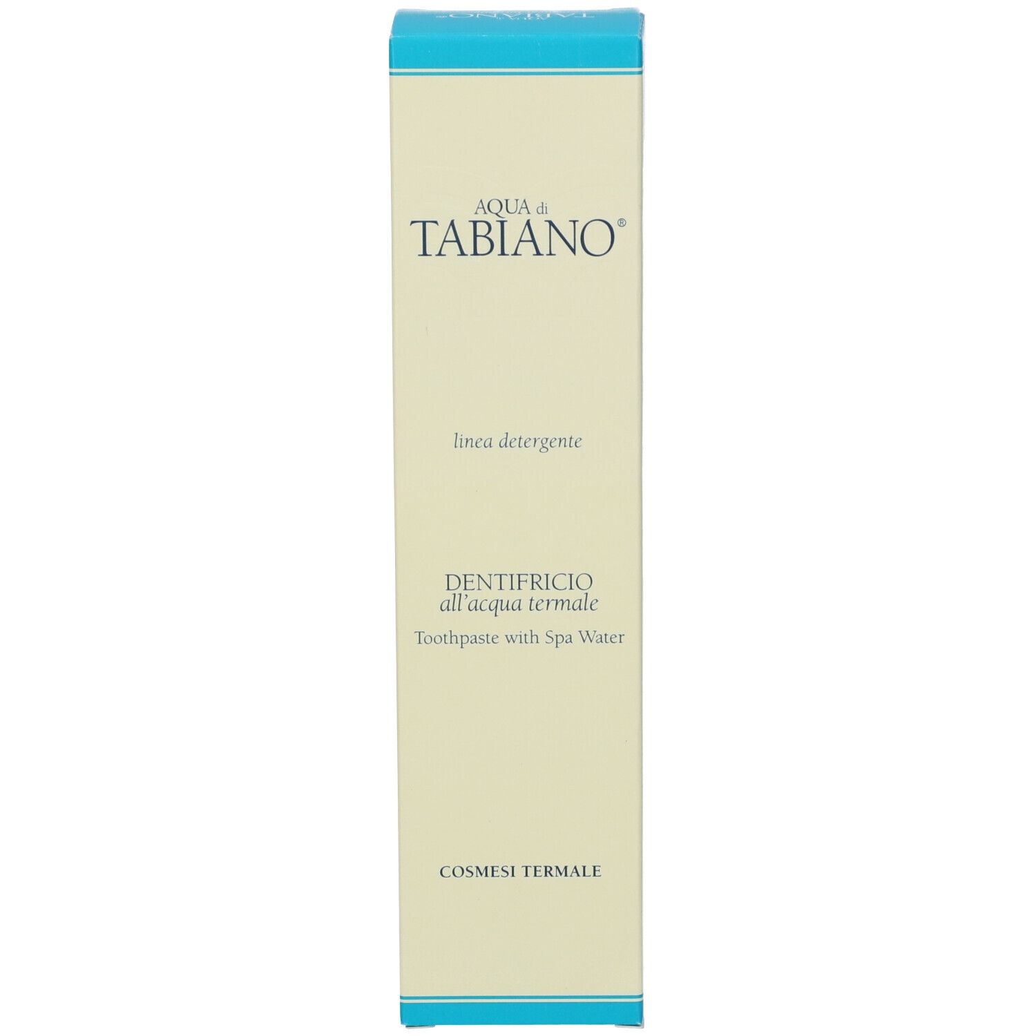 Scatola di dentifricio. Scritta: AQUA di TABIANO, DENTIFRICIO all'acqua termale, dentifricio con acqua termale.