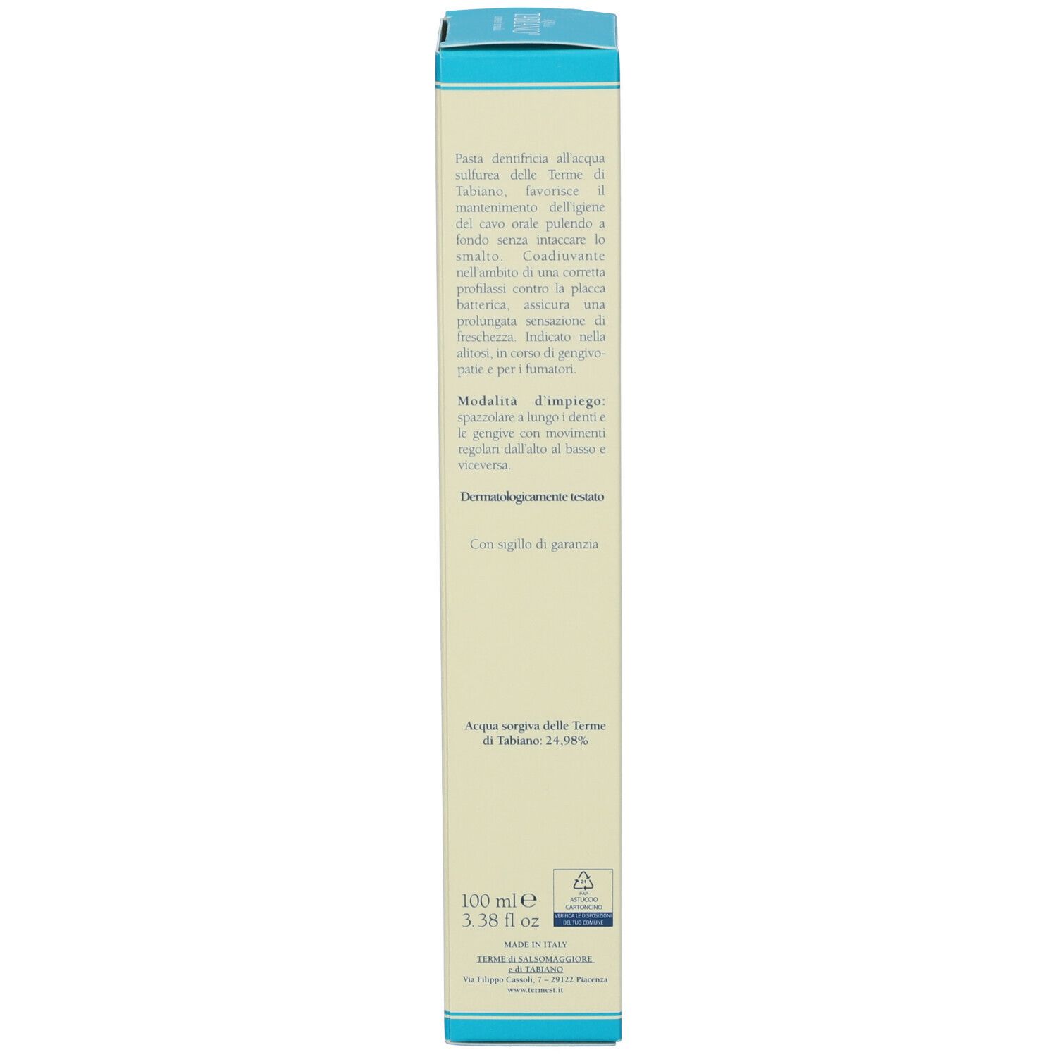 Retro della scatola. Testo: istruzioni per l'uso, 100 ml, dermatologicamente testato, sigillo.