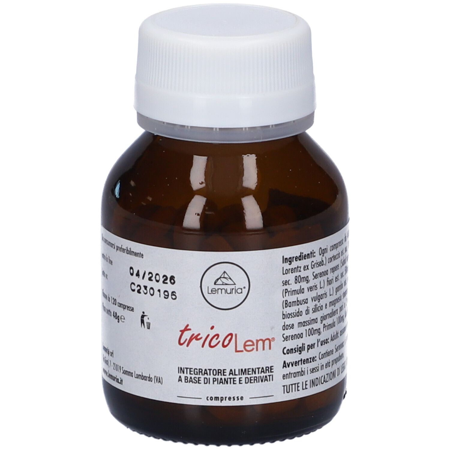 Flacone marrone di compresse con tappo bianco. Scritta: tricoLem, integratore alimentare. Elenco ingredienti e data di scadenza.