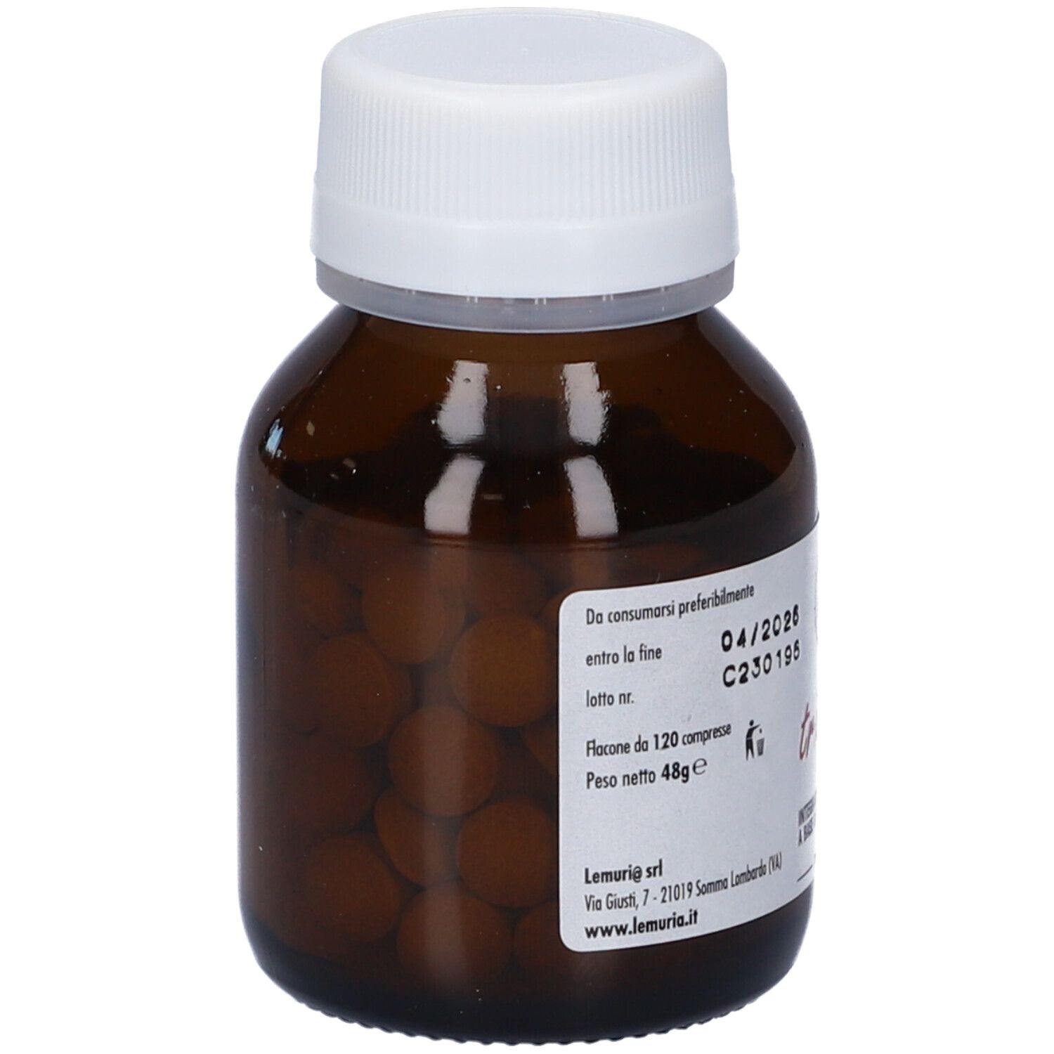 Flacone marrone di compresse con tappo bianco. Compresse visibili. Scritta: tricoLem, integratore alimentare. Data di scadenza.